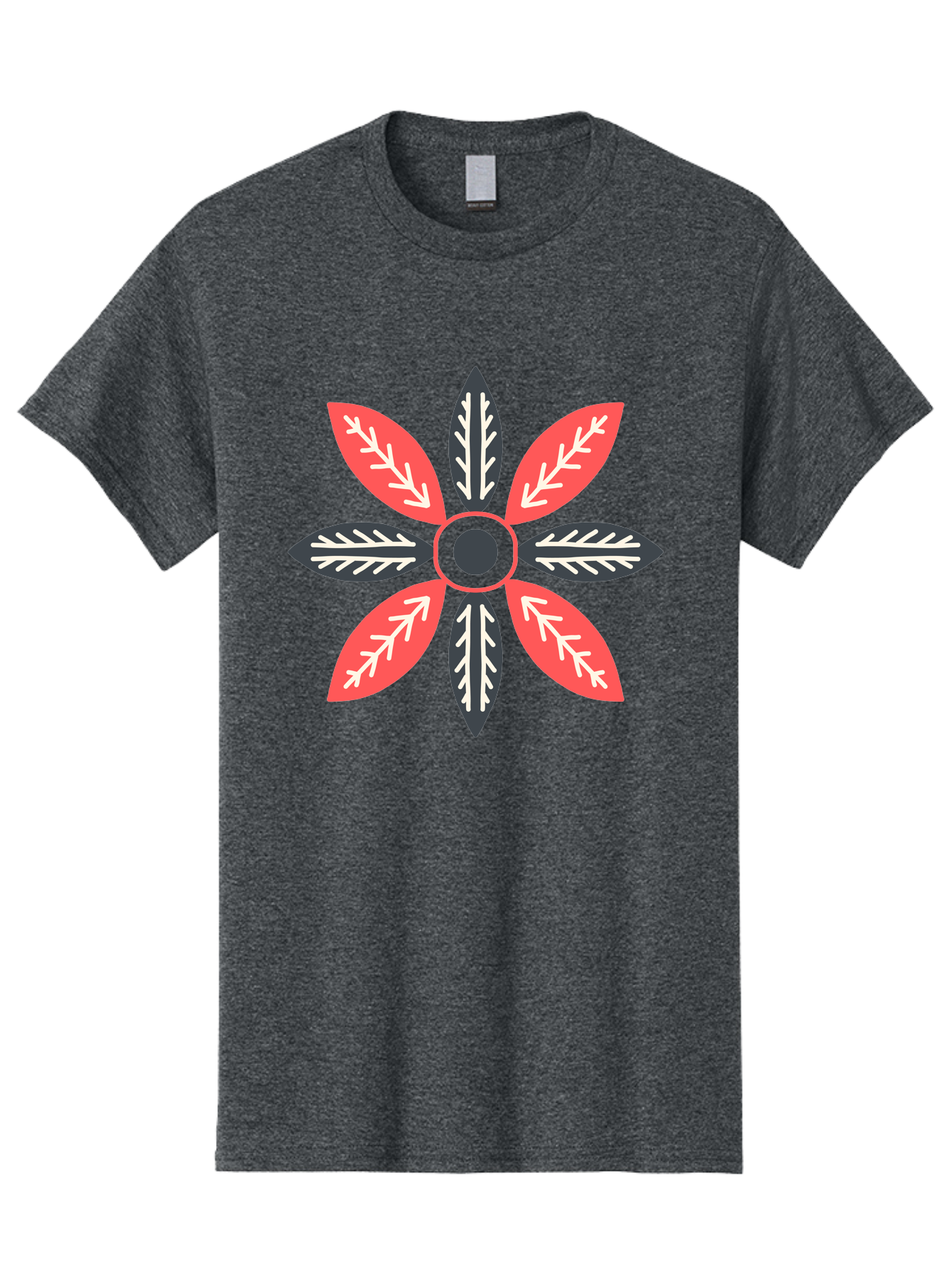 Floral-Emblem Men'S Graphic Tee, 100% Cotton, Comfortable Casual Summer Wear, Machine Washable, Symmetrical Floral Design, Red And Black Petals, White Leaf Details, Circular Pattern, Abstract Flower, Geometric Shapes, Graphic Illustration, Aab701