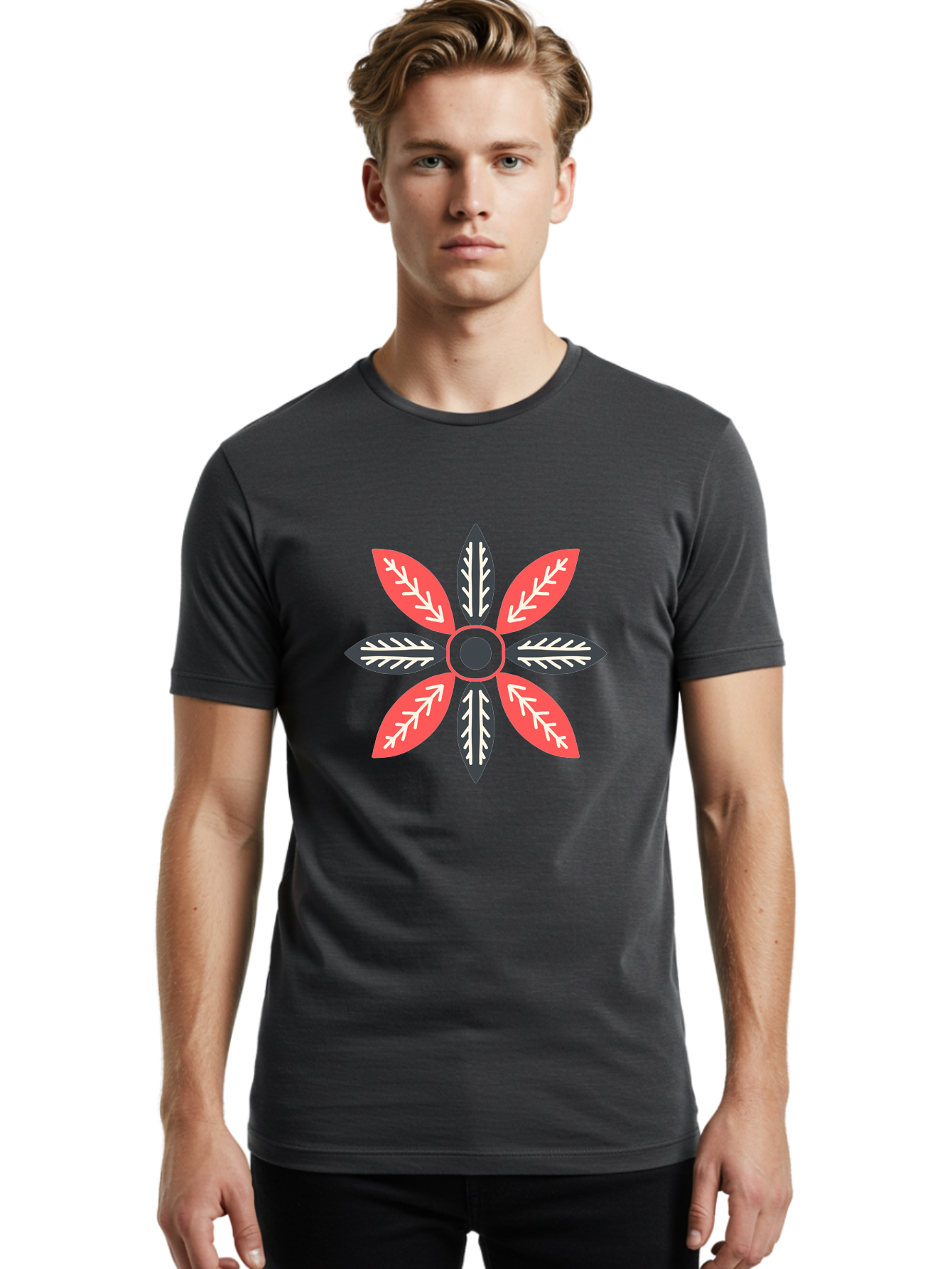 Floral-Emblem Men'S Graphic Tee, 100% Cotton, Comfortable Casual Summer Wear, Machine Washable, Symmetrical Floral Design, Red And Black Petals, White Leaf Details, Circular Pattern, Abstract Flower, Geometric Shapes, Graphic Illustration, Aab701