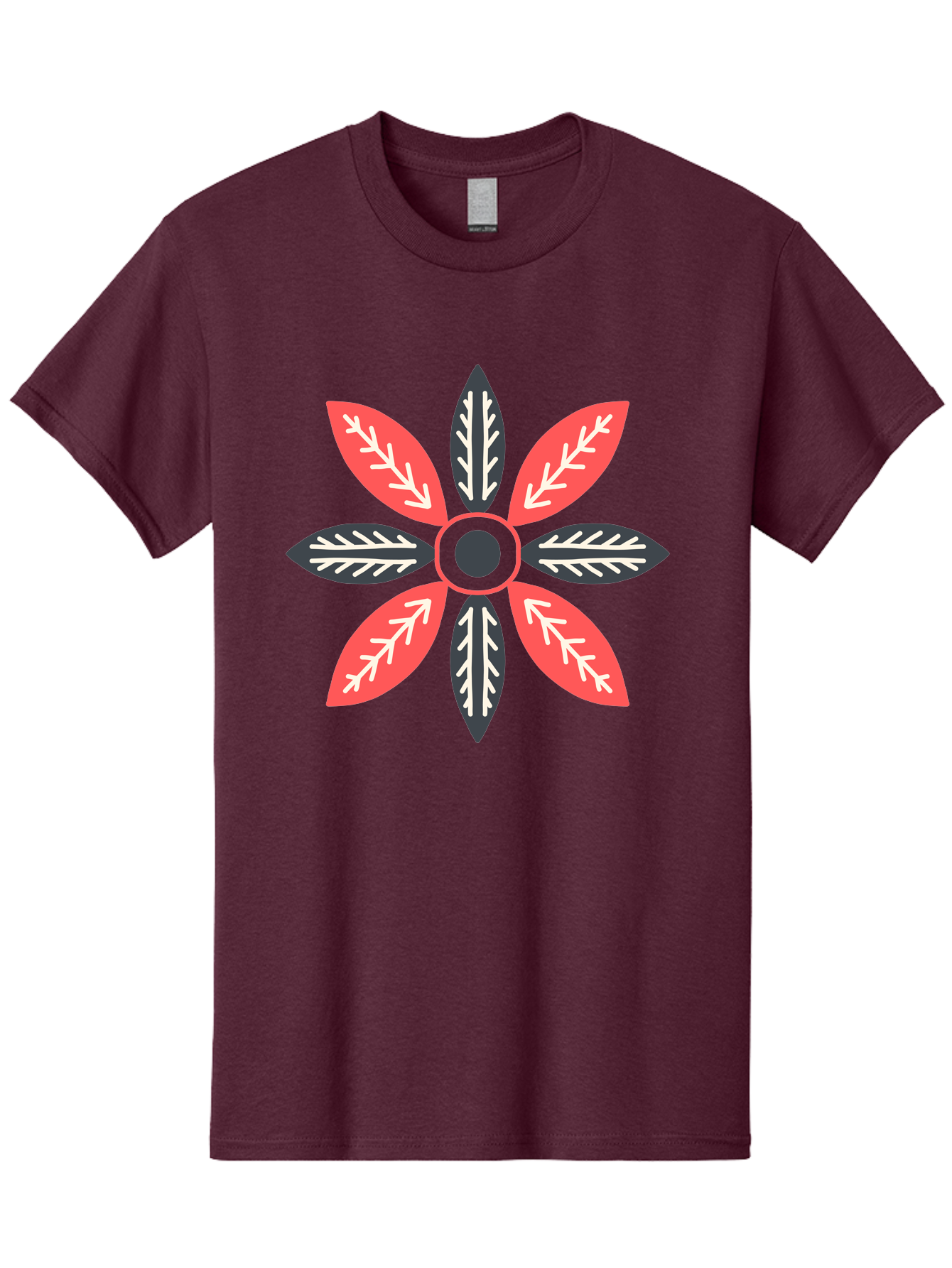Floral-Emblem Men'S Graphic Tee, 100% Cotton, Comfortable Casual Summer Wear, Machine Washable, Symmetrical Floral Design, Red And Black Petals, White Leaf Details, Circular Pattern, Abstract Flower, Geometric Shapes, Graphic Illustration, Aab701