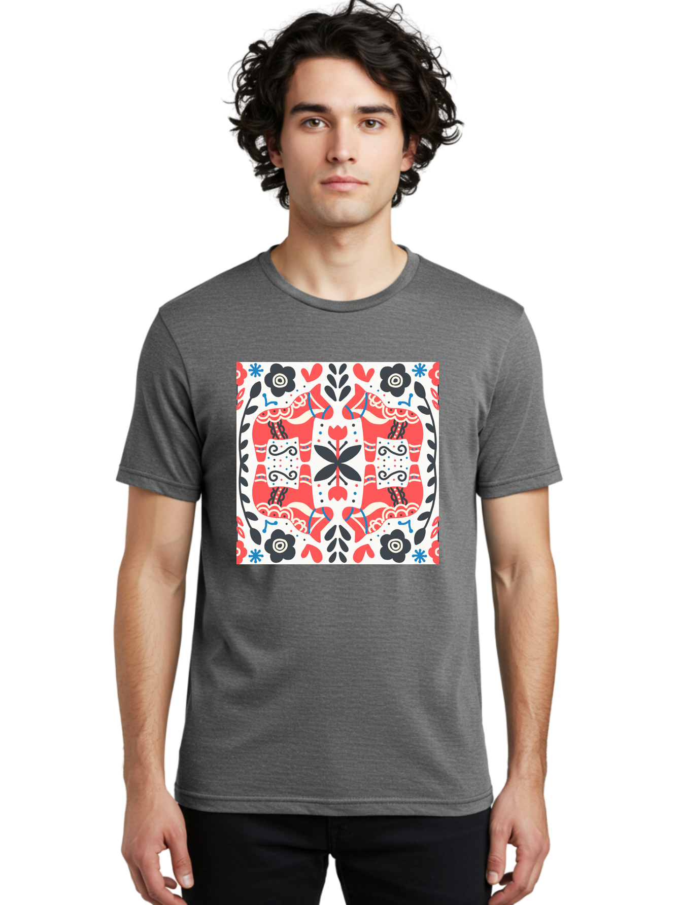 Floral-Pattern-1 Men'S Graphic Tee, 100% Cotton, Comfortable Casual Summer Wear, Machine Washable, Symmetrical Floral Design, Folk Art Style, Red And Black Flowers, Ornate Details, Blue Accents, Traditional Motifs, Decorative Elements, Aab702