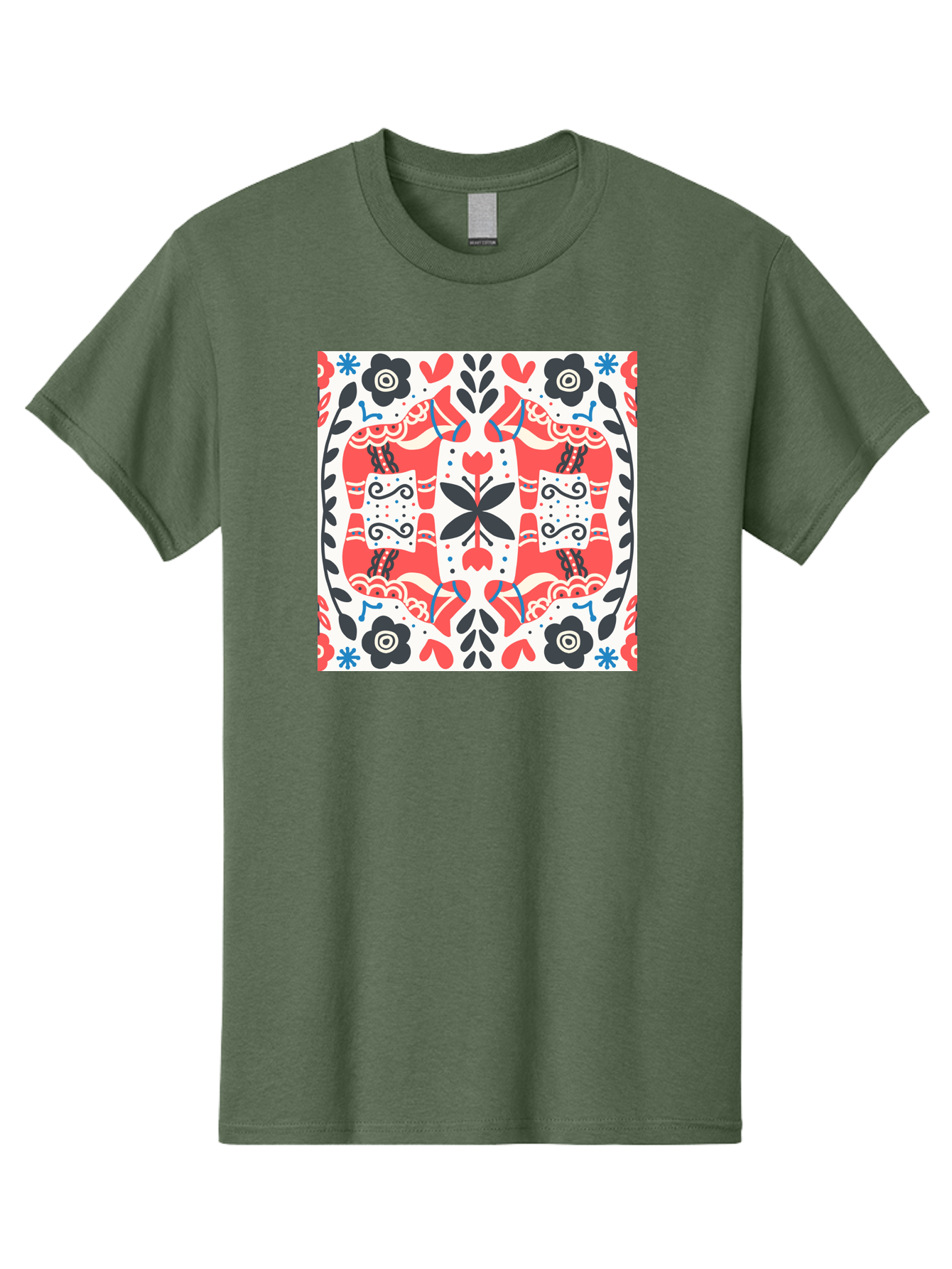 Floral-Pattern-1 Men'S Graphic Tee, 100% Cotton, Comfortable Casual Summer Wear, Machine Washable, Symmetrical Floral Design, Folk Art Style, Red And Black Flowers, Ornate Details, Blue Accents, Traditional Motifs, Decorative Elements, Aab702