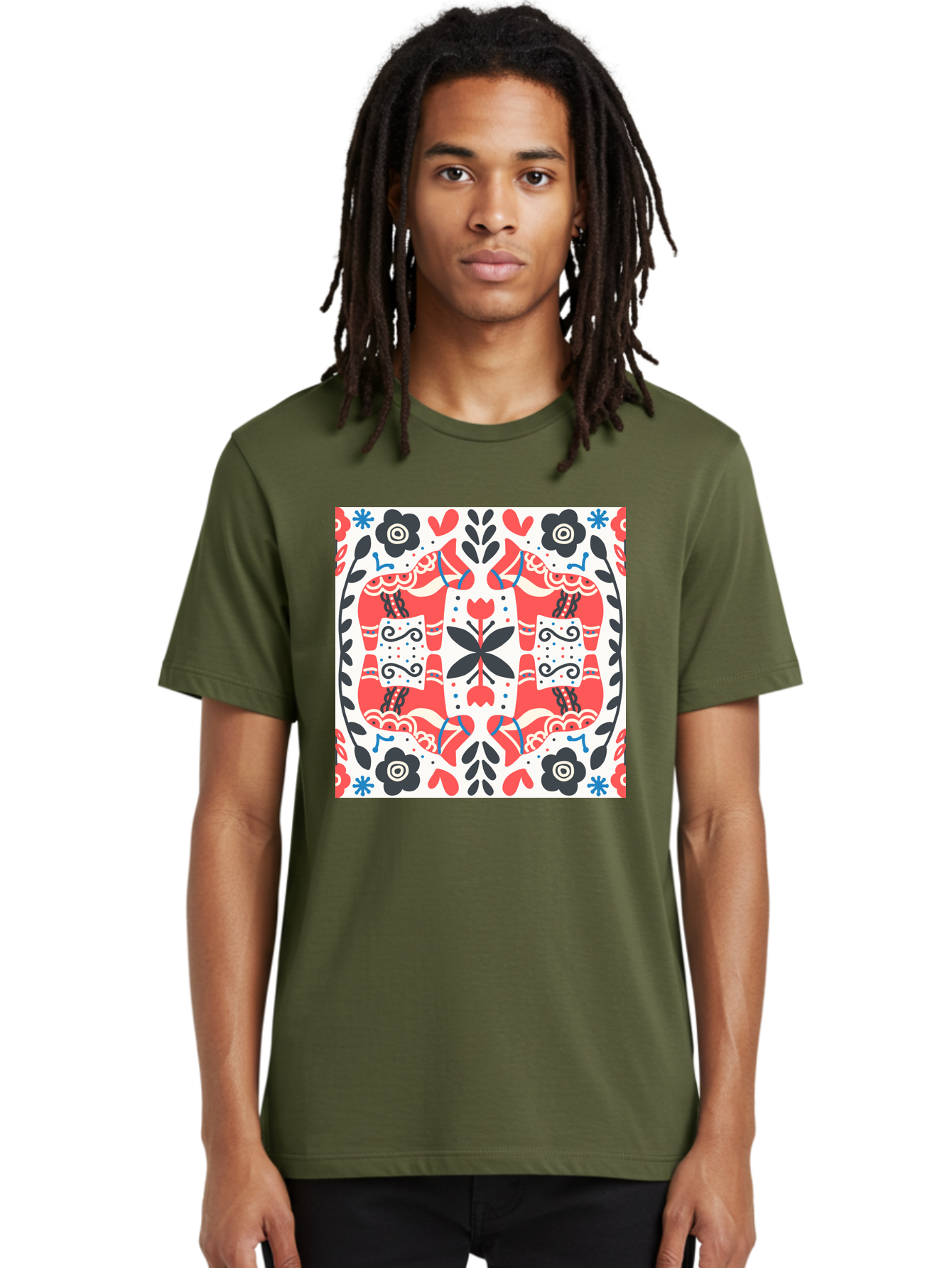 Floral-Pattern-1 Men'S Graphic Tee, 100% Cotton, Comfortable Casual Summer Wear, Machine Washable, Symmetrical Floral Design, Folk Art Style, Red And Black Flowers, Ornate Details, Blue Accents, Traditional Motifs, Decorative Elements, Aab702