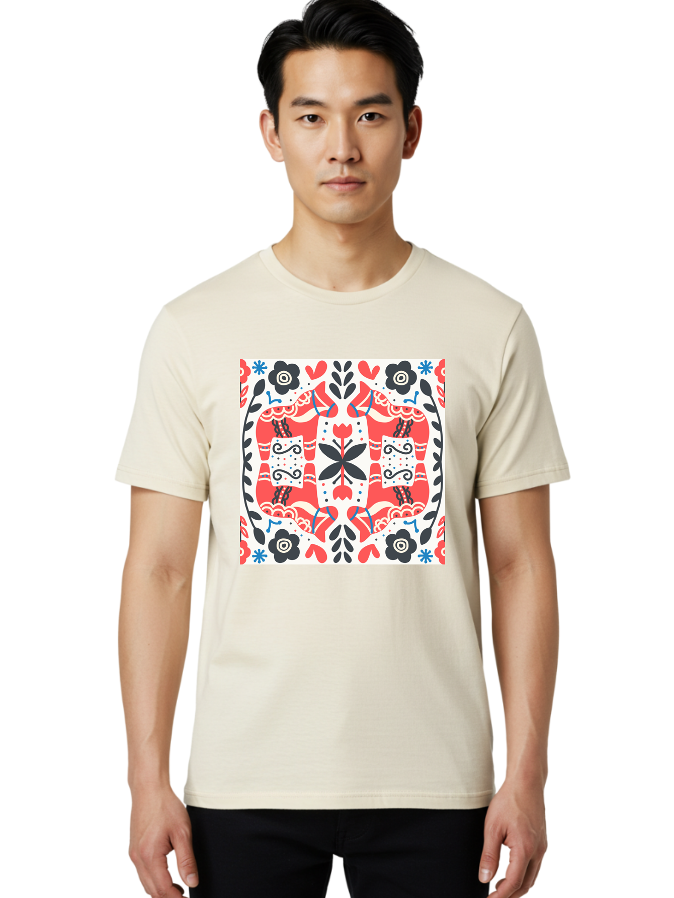 Floral-Pattern-1 Men'S Graphic Tee, 100% Cotton, Comfortable Casual Summer Wear, Machine Washable, Symmetrical Floral Design, Folk Art Style, Red And Black Flowers, Ornate Details, Blue Accents, Traditional Motifs, Decorative Elements, Aab702