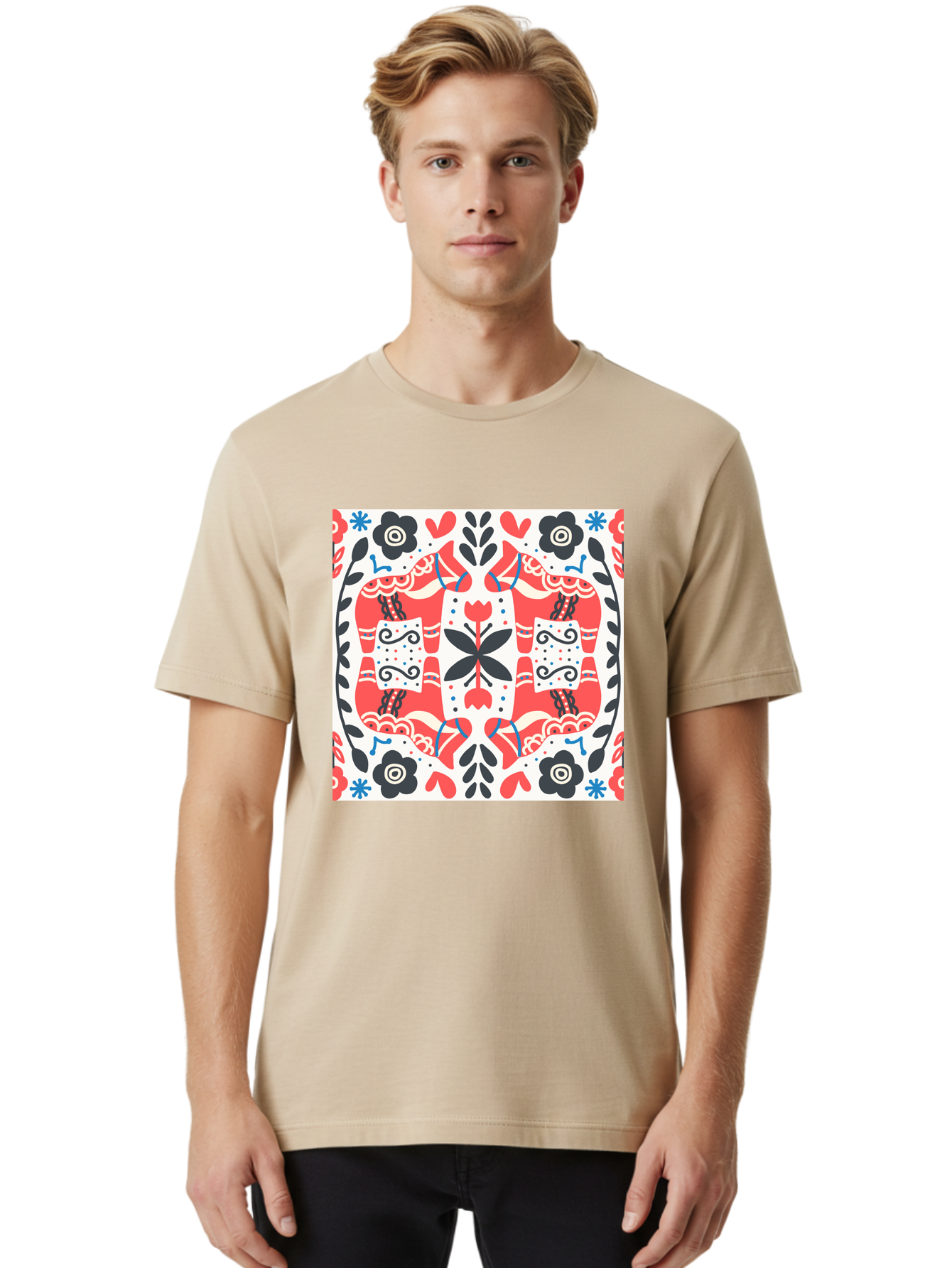 Floral-Pattern-1 Men'S Graphic Tee, 100% Cotton, Comfortable Casual Summer Wear, Machine Washable, Symmetrical Floral Design, Folk Art Style, Red And Black Flowers, Ornate Details, Blue Accents, Traditional Motifs, Decorative Elements, Aab702