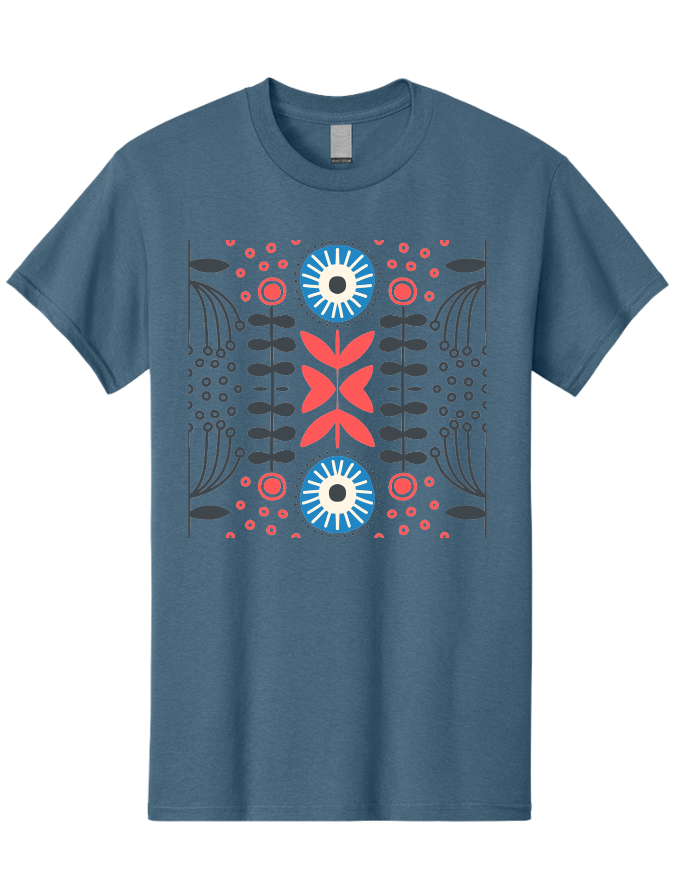 Floral-Pattern-10 Men'S Graphic Tee, 100% Cotton, Comfortable Casual Summer Wear, Machine Washable, Floral Pattern, Stylized Flowers, Symmetrical Design, Blue And Pink Flowers, Black Leaves, Geometric Shapes, Abstract Art, Vibrant Colors, Aab703