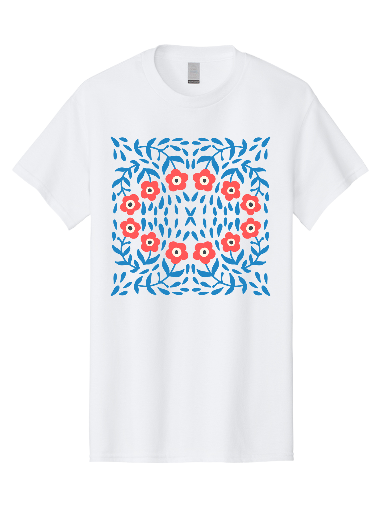 Floral-Pattern-11 Men'S Graphic Tee, 100% Cotton, Comfortable Casual Summer Wear, Machine Washable, Pink Flowers, Floral Pattern, Blue Leaves, Symmetrical Design, Abstract Art, Vibrant Colors, Playful Graphics, Whimsical Elements, Aab704