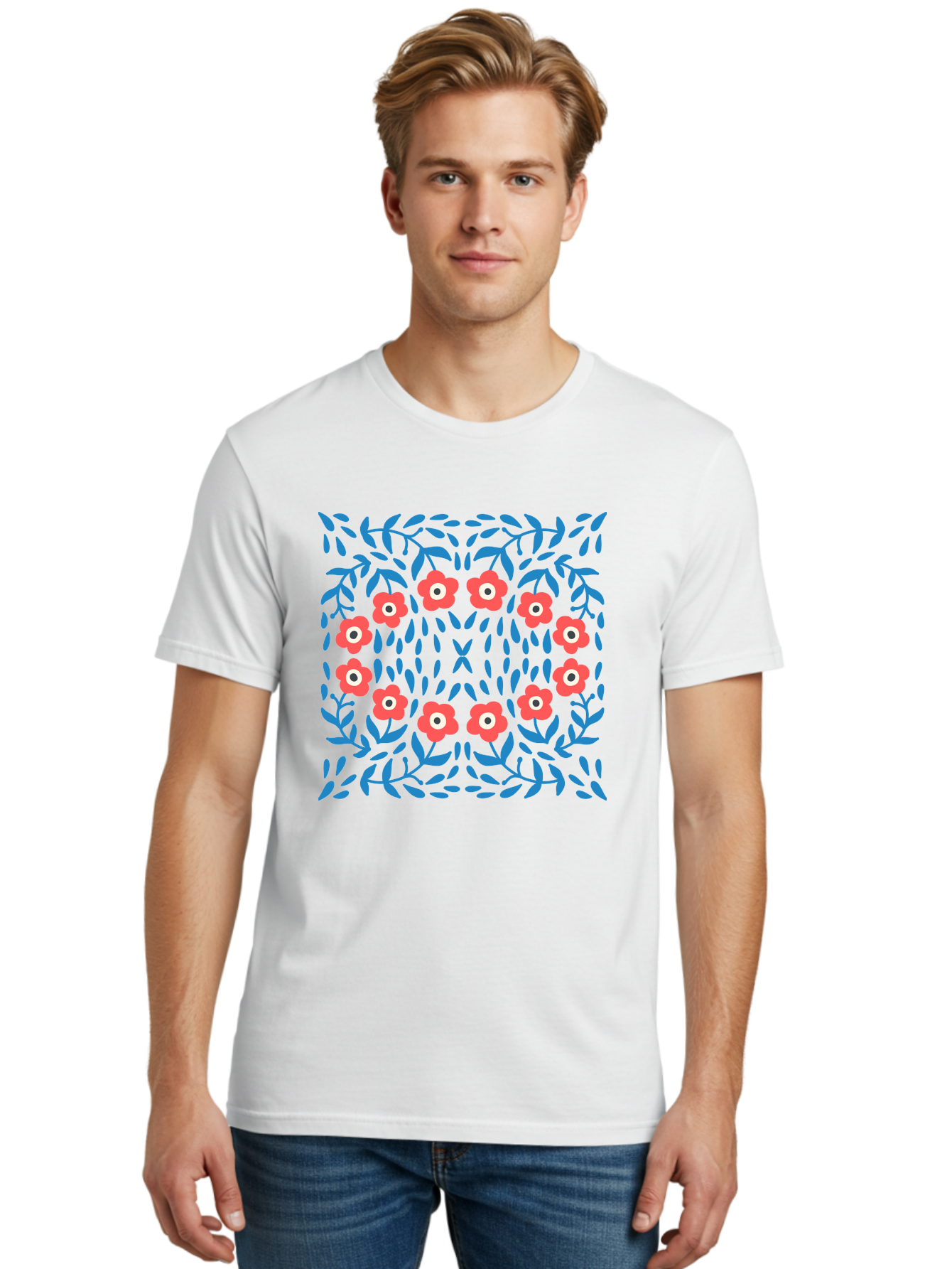 Floral-Pattern-11 Men'S Graphic Tee, 100% Cotton, Comfortable Casual Summer Wear, Machine Washable, Pink Flowers, Floral Pattern, Blue Leaves, Symmetrical Design, Abstract Art, Vibrant Colors, Playful Graphics, Whimsical Elements, Aab704