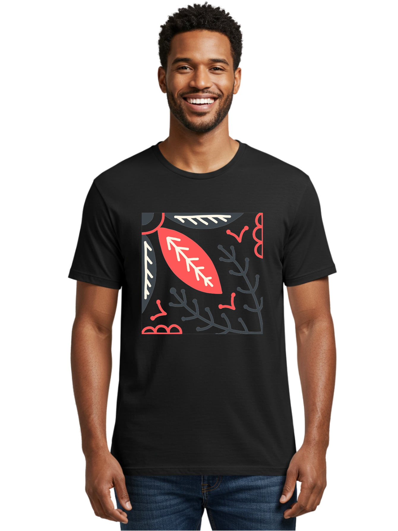 Floral-Pattern-12 Men'S Graphic Tee, 100% Cotton, Comfortable Casual Summer Wear, Machine Washable, Leaf Pattern, Floral Design, Abstract Leaves, Red And White Accents, Black Outlines, Whimsical Illustration, Botanical Art, Aab705