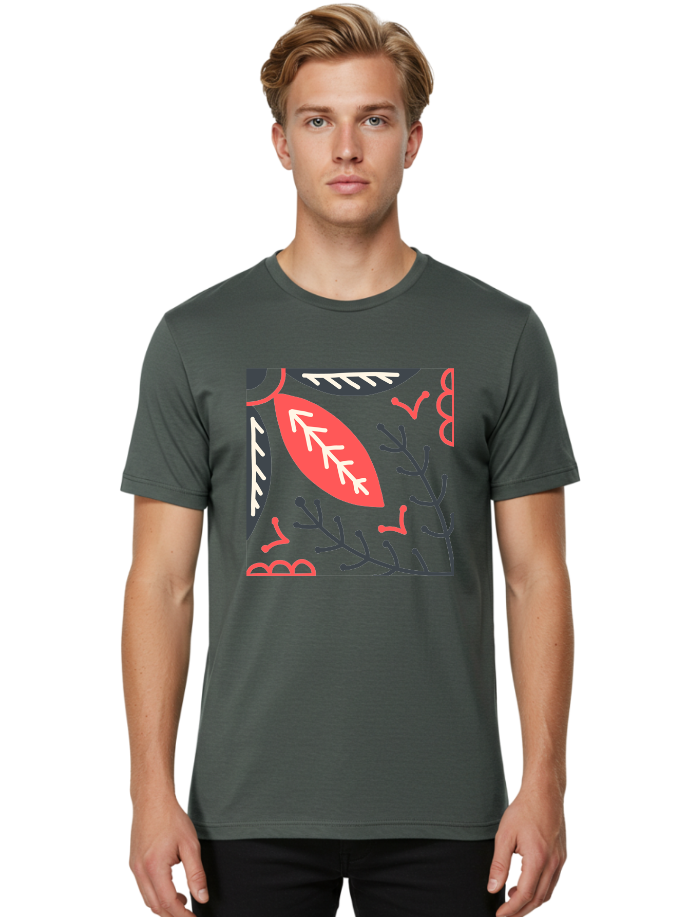 Floral-Pattern-12 Men'S Graphic Tee, 100% Cotton, Comfortable Casual Summer Wear, Machine Washable, Leaf Pattern, Floral Design, Abstract Leaves, Red And White Accents, Black Outlines, Whimsical Illustration, Botanical Art, Aab705