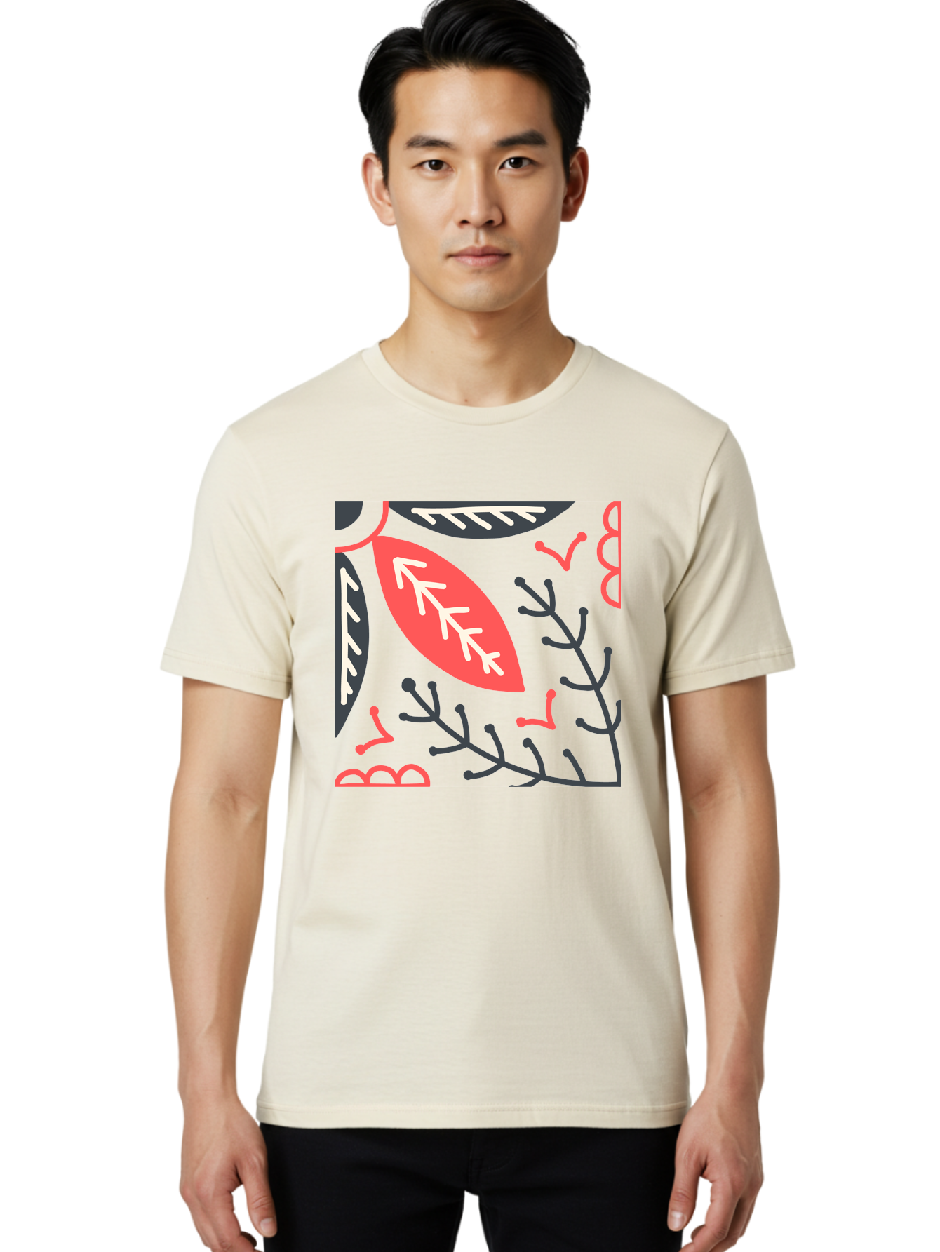 Floral-Pattern-12 Men'S Graphic Tee, 100% Cotton, Comfortable Casual Summer Wear, Machine Washable, Leaf Pattern, Floral Design, Abstract Leaves, Red And White Accents, Black Outlines, Whimsical Illustration, Botanical Art, Aab705