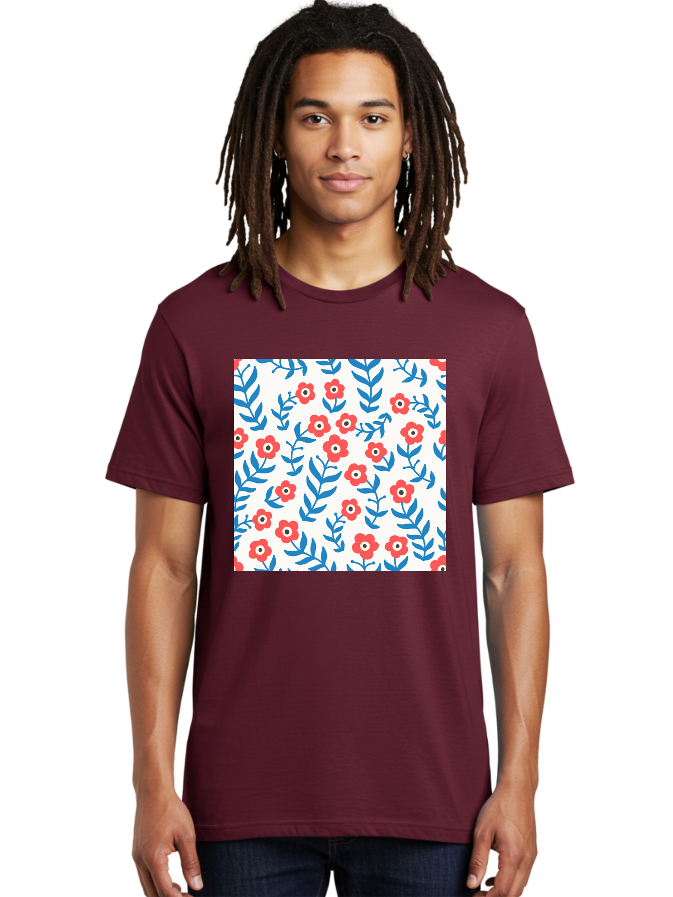 Floral-Pattern-13 Men'S Graphic Tee, 100% Cotton, Comfortable Casual Summer Wear, Machine Washable, Red Flowers, Blue Leaves, Floral Pattern, Repeating Design, Simple Shapes, Minimalist Style, Bold Colors, Playful Motif, Decorative Wallpaper, Aab706