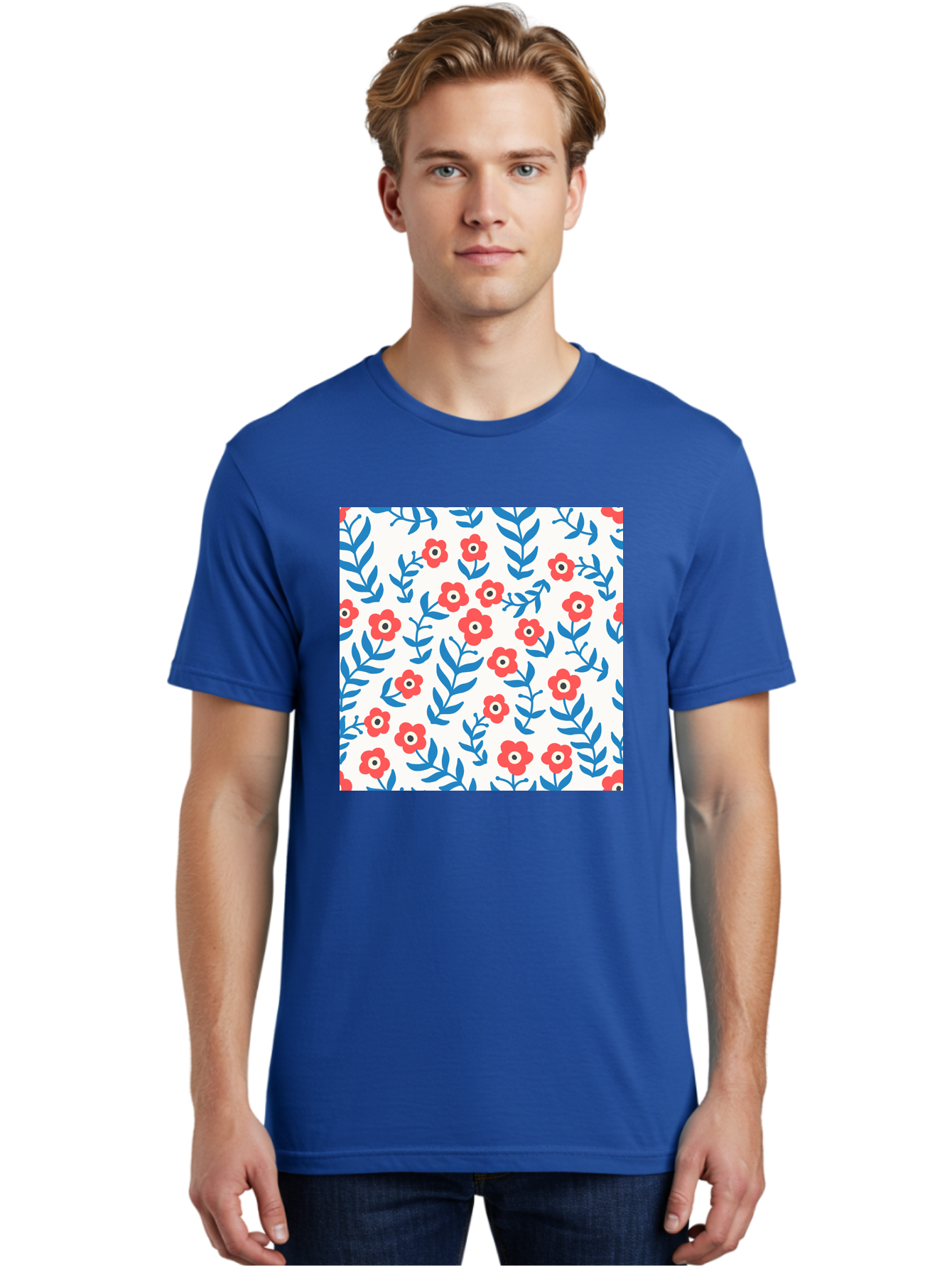 Floral-Pattern-13 Men'S Graphic Tee, 100% Cotton, Comfortable Casual Summer Wear, Machine Washable, Red Flowers, Blue Leaves, Floral Pattern, Repeating Design, Simple Shapes, Minimalist Style, Bold Colors, Playful Motif, Decorative Wallpaper, Aab706