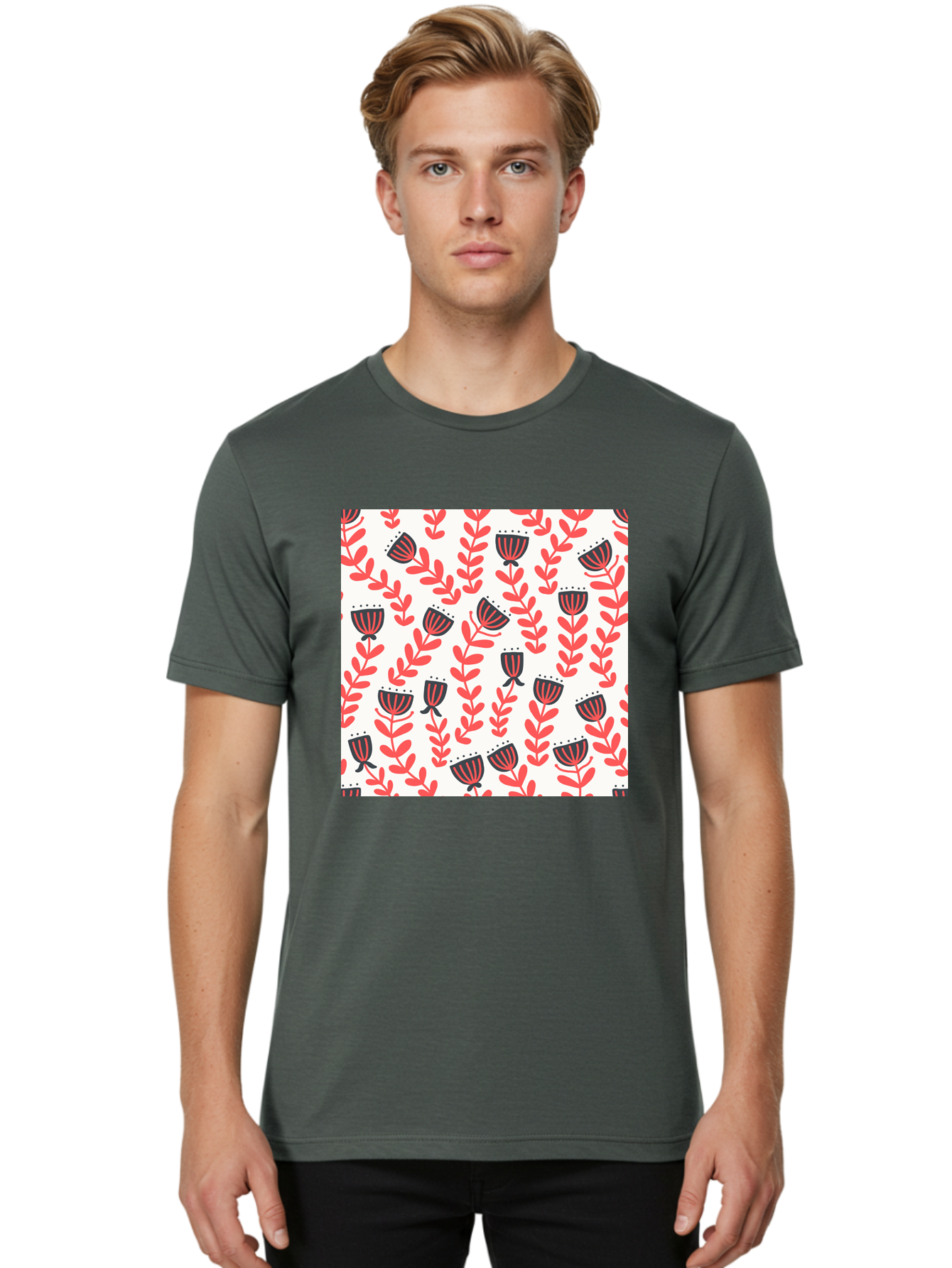 Floral-Pattern-14 Men'S Graphic Tee, 100% Cotton, Comfortable Casual Summer Wear, Machine Washable, Repeating Floral Pattern, Red Leaves, Black And Red Flowers, Minimalist Design, Simple Shapes, Folk Art Style, Wallpaper Design, Aab707