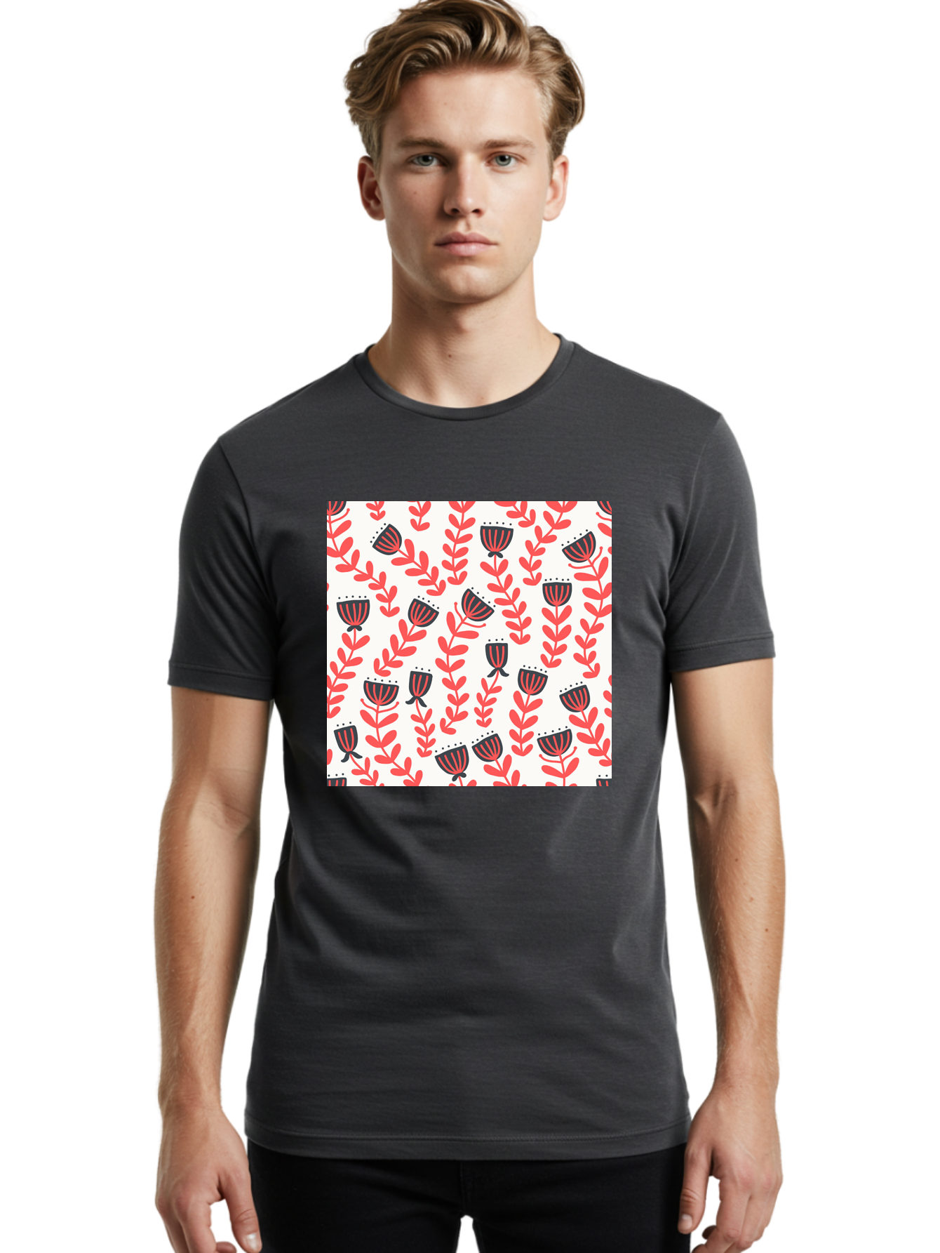 Floral-Pattern-14 Men'S Graphic Tee, 100% Cotton, Comfortable Casual Summer Wear, Machine Washable, Repeating Floral Pattern, Red Leaves, Black And Red Flowers, Minimalist Design, Simple Shapes, Folk Art Style, Wallpaper Design, Aab707