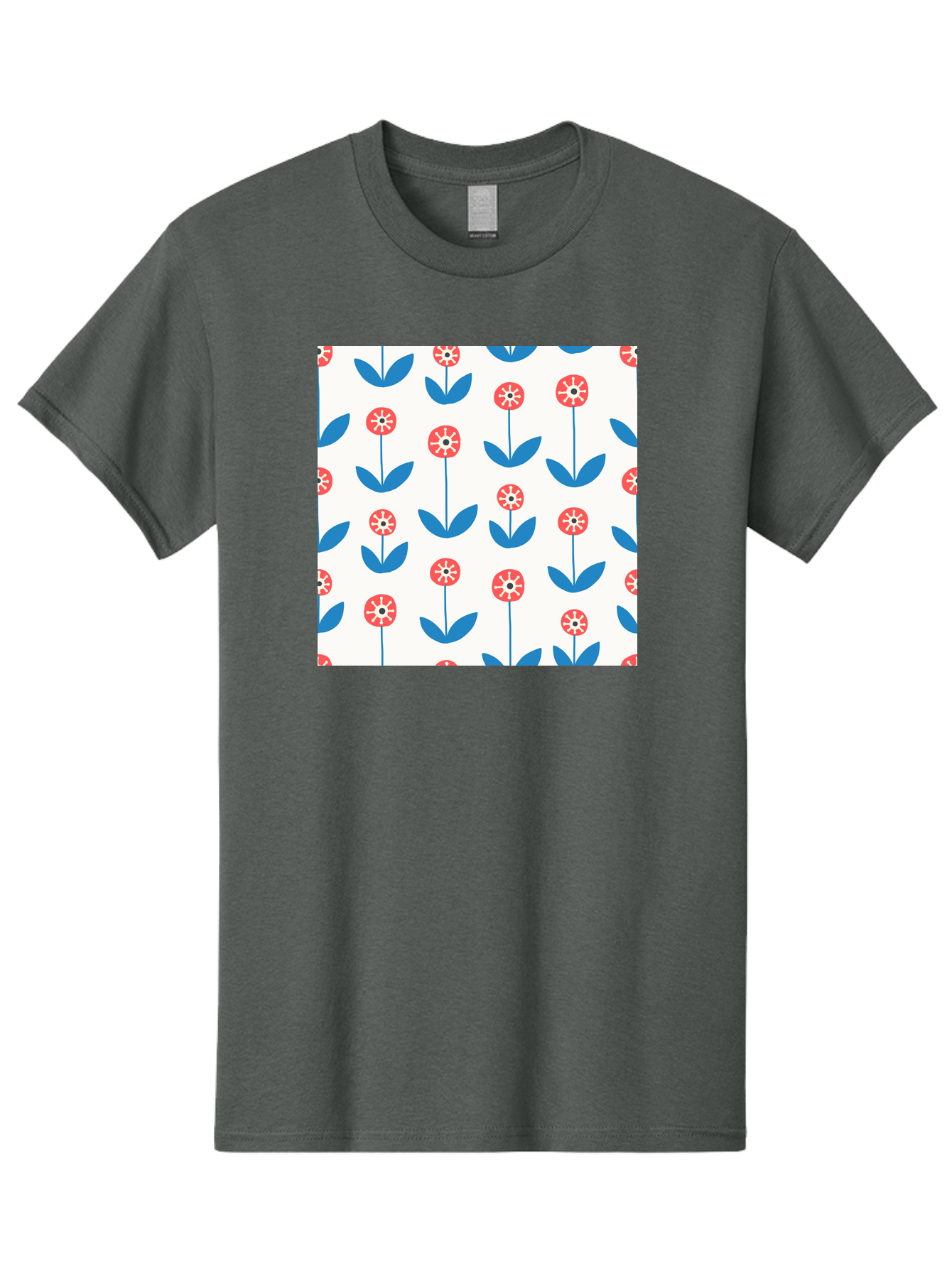 Floral-Pattern-15 Men'S Graphic Tee, 100% Cotton, Comfortable Casual Summer Wear, Machine Washable, Repeating Floral Pattern, Red Flowers With White Details, Blue Leaves And Stems, Simple Design, Minimalist Style, Seamless Repeat, Aab708
