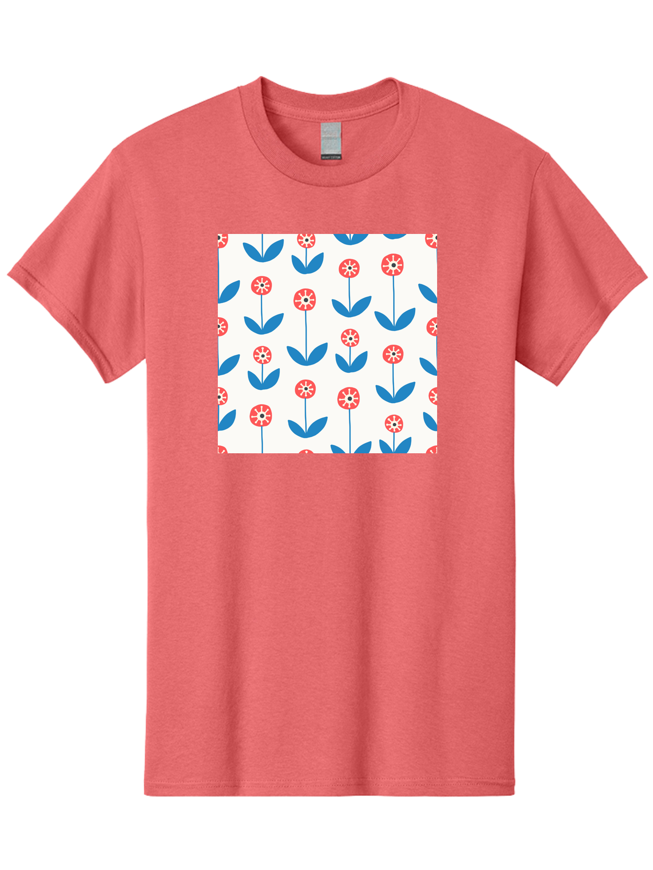 Floral-Pattern-15 Men'S Graphic Tee, 100% Cotton, Comfortable Casual Summer Wear, Machine Washable, Repeating Floral Pattern, Red Flowers With White Details, Blue Leaves And Stems, Simple Design, Minimalist Style, Seamless Repeat, Aab708