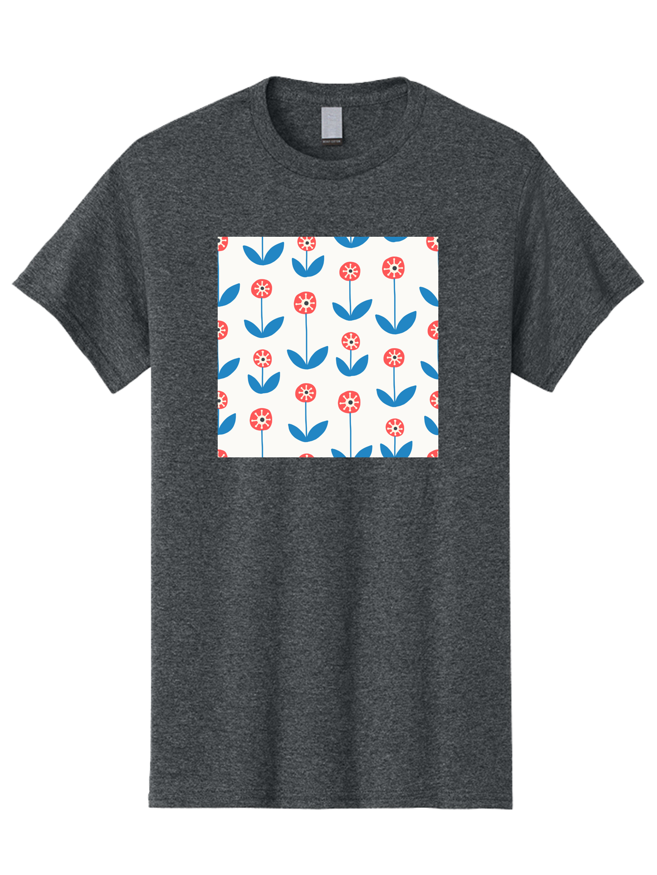 Floral-Pattern-15 Men'S Graphic Tee, 100% Cotton, Comfortable Casual Summer Wear, Machine Washable, Repeating Floral Pattern, Red Flowers With White Details, Blue Leaves And Stems, Simple Design, Minimalist Style, Seamless Repeat, Aab708