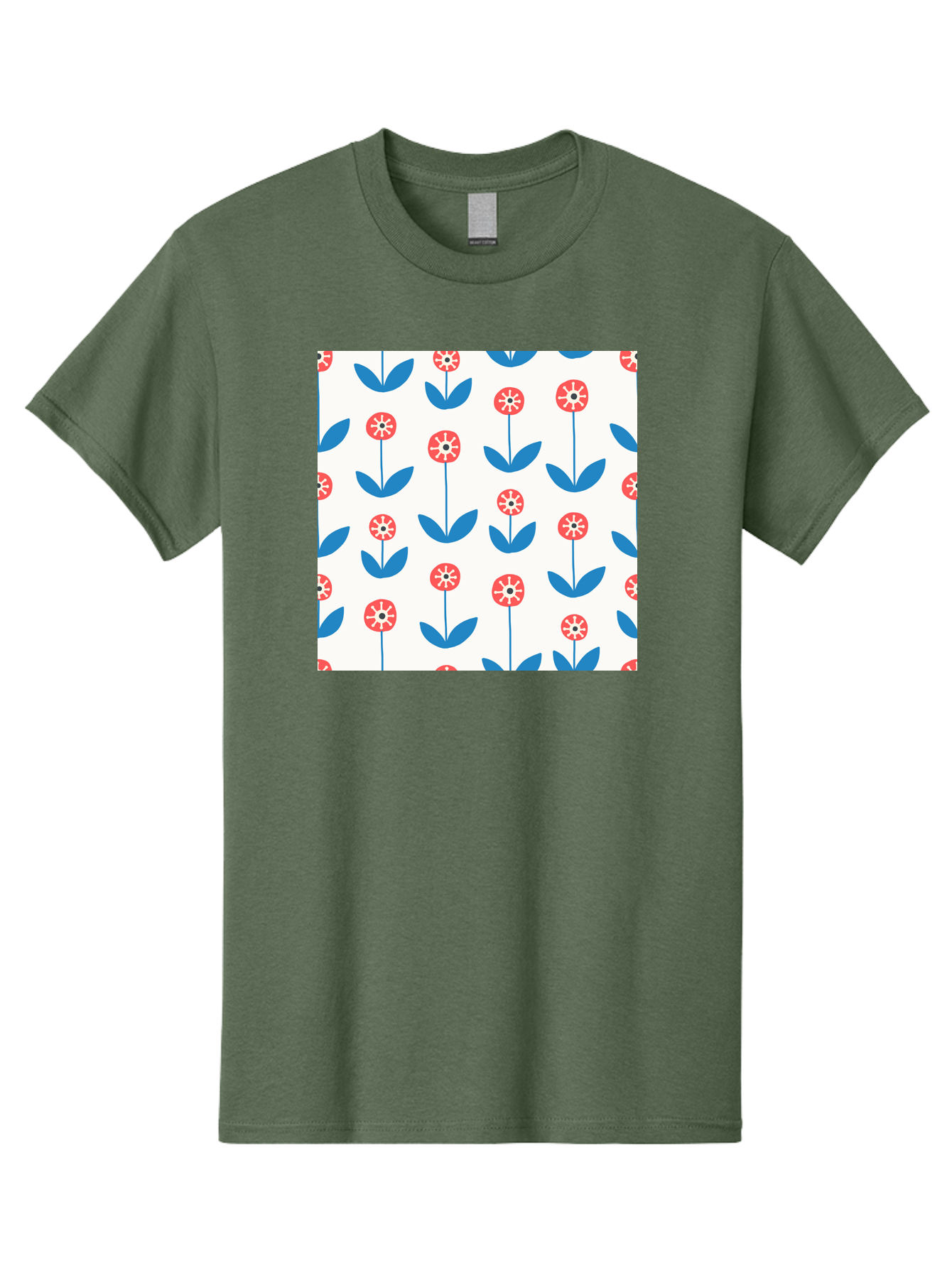 Floral-Pattern-15 Men'S Graphic Tee, 100% Cotton, Comfortable Casual Summer Wear, Machine Washable, Repeating Floral Pattern, Red Flowers With White Details, Blue Leaves And Stems, Simple Design, Minimalist Style, Seamless Repeat, Aab708