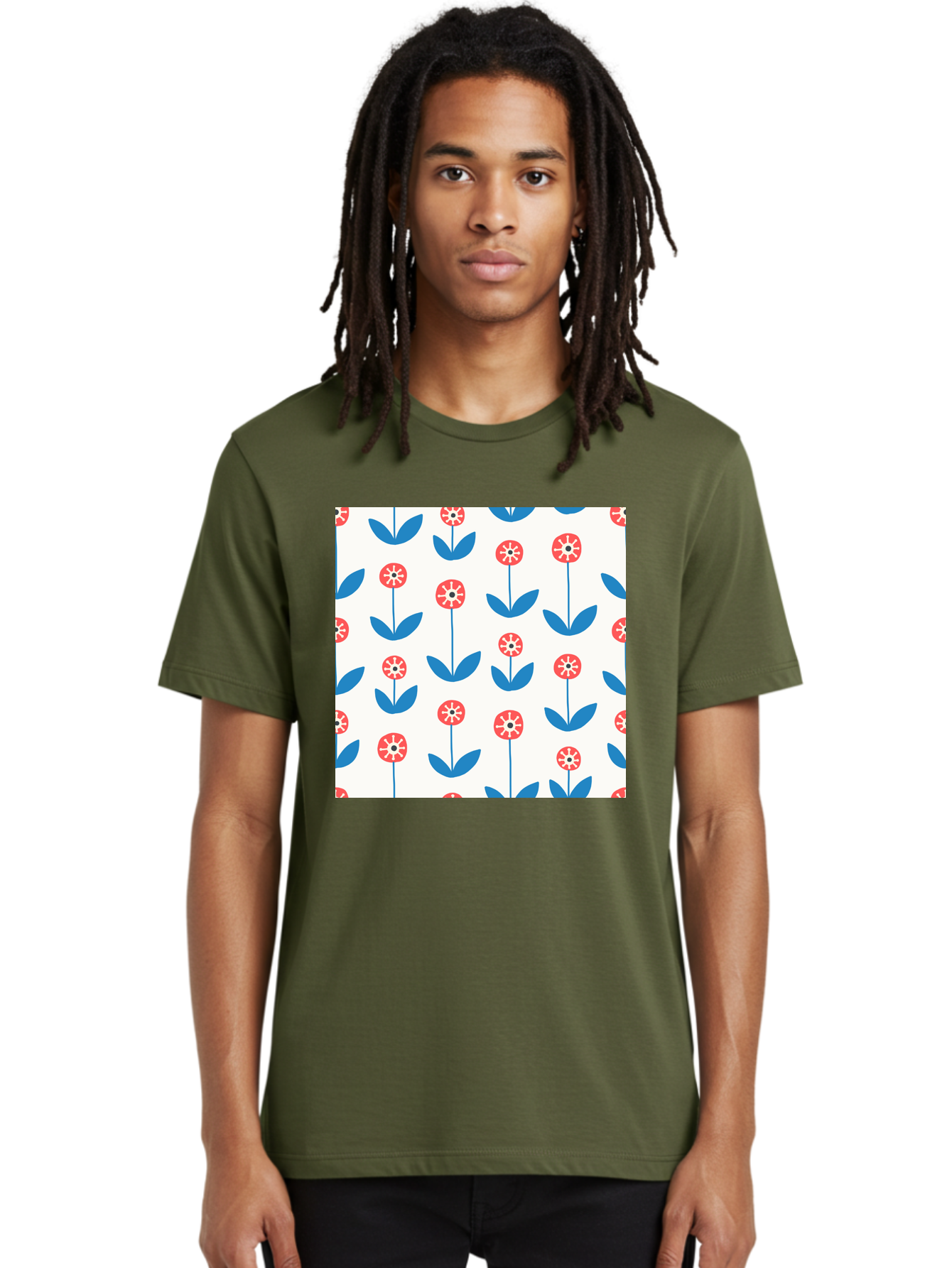 Floral-Pattern-15 Men'S Graphic Tee, 100% Cotton, Comfortable Casual Summer Wear, Machine Washable, Repeating Floral Pattern, Red Flowers With White Details, Blue Leaves And Stems, Simple Design, Minimalist Style, Seamless Repeat, Aab708