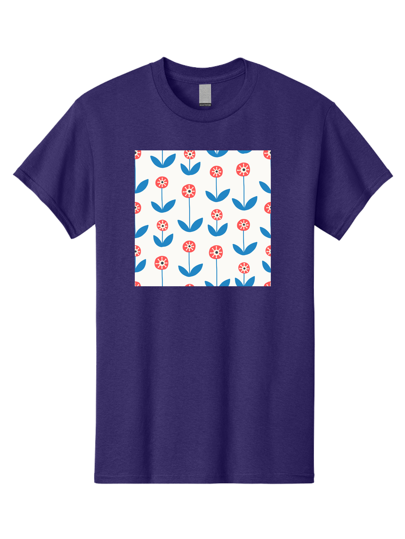 Floral-Pattern-15 Men'S Graphic Tee, 100% Cotton, Comfortable Casual Summer Wear, Machine Washable, Repeating Floral Pattern, Red Flowers With White Details, Blue Leaves And Stems, Simple Design, Minimalist Style, Seamless Repeat, Aab708