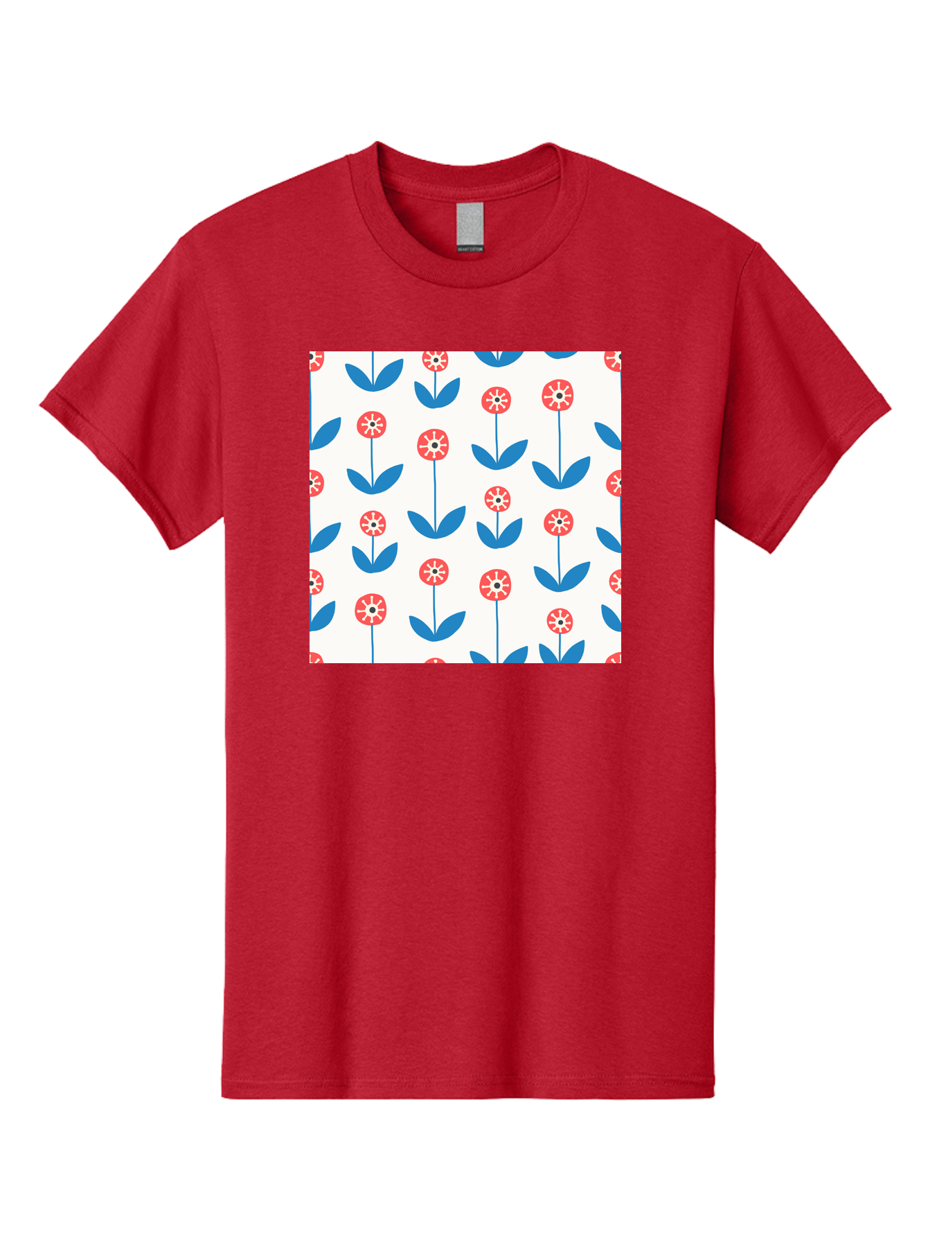 Floral-Pattern-15 Men'S Graphic Tee, 100% Cotton, Comfortable Casual Summer Wear, Machine Washable, Repeating Floral Pattern, Red Flowers With White Details, Blue Leaves And Stems, Simple Design, Minimalist Style, Seamless Repeat, Aab708