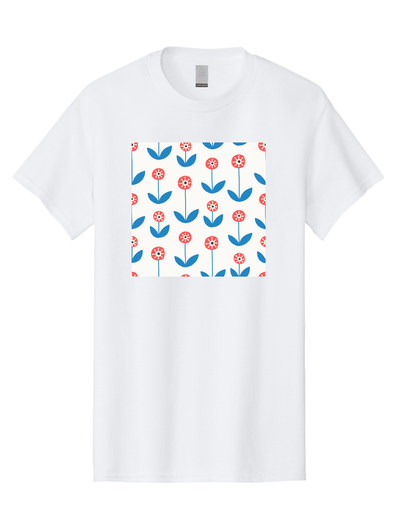 Floral-Pattern-15 Men'S Graphic Tee, 100% Cotton, Comfortable Casual Summer Wear, Machine Washable, Repeating Floral Pattern, Red Flowers With White Details, Blue Leaves And Stems, Simple Design, Minimalist Style, Seamless Repeat, Aab708