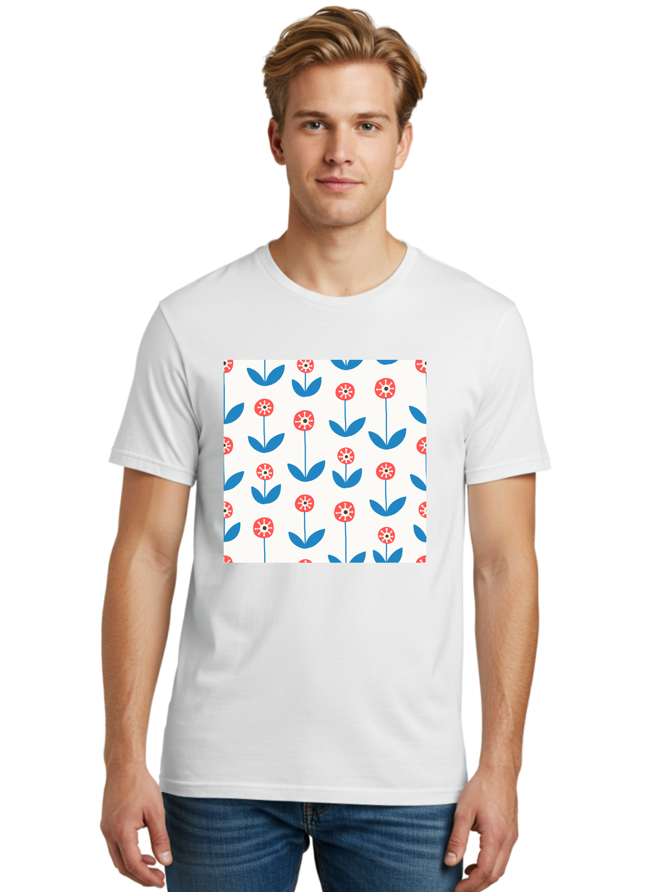 Floral-Pattern-15 Men'S Graphic Tee, 100% Cotton, Comfortable Casual Summer Wear, Machine Washable, Repeating Floral Pattern, Red Flowers With White Details, Blue Leaves And Stems, Simple Design, Minimalist Style, Seamless Repeat, Aab708