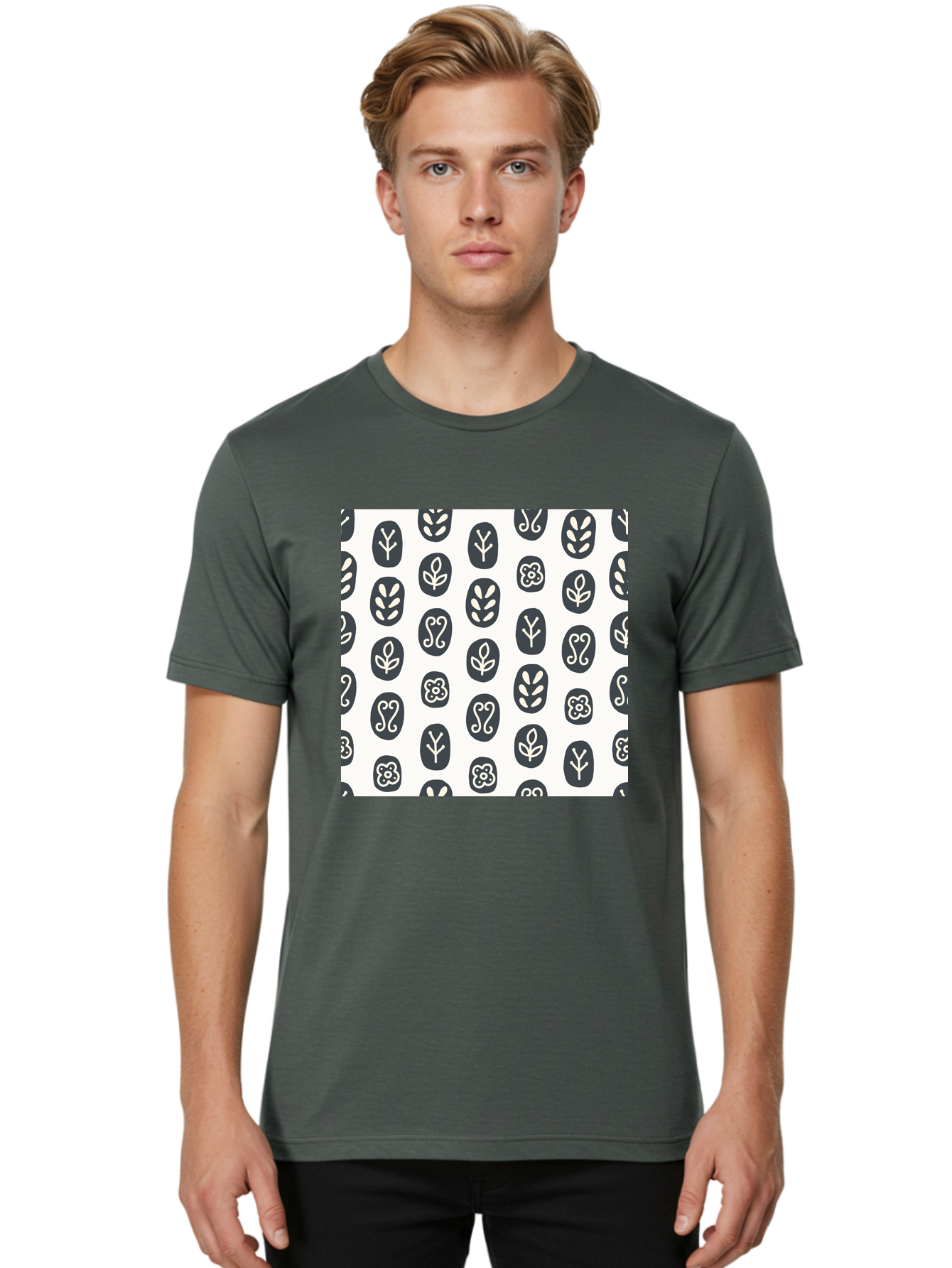 Floral-Pattern-16 Men'S Graphic Tee, 100% Cotton, Comfortable Casual Summer Wear, Machine Washable, Minimalist Botanical Design, Stylized Floral Motifs, Simple Shapes, Repetitive Pattern, Elegant Simplicity, Soothing Aesthetics, Aab709