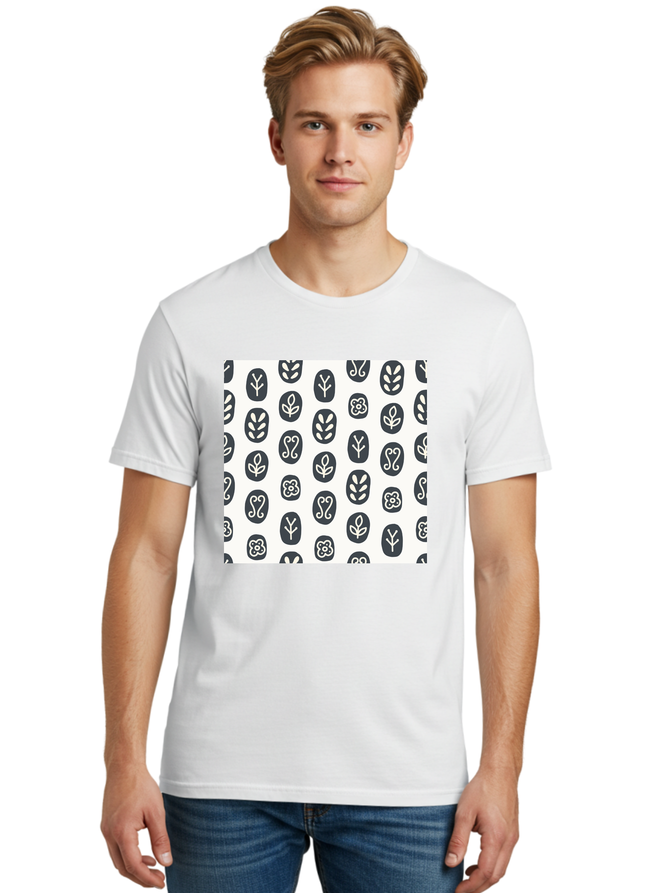 Floral-Pattern-16 Men'S Graphic Tee, 100% Cotton, Comfortable Casual Summer Wear, Machine Washable, Minimalist Botanical Design, Stylized Floral Motifs, Simple Shapes, Repetitive Pattern, Elegant Simplicity, Soothing Aesthetics, Aab709