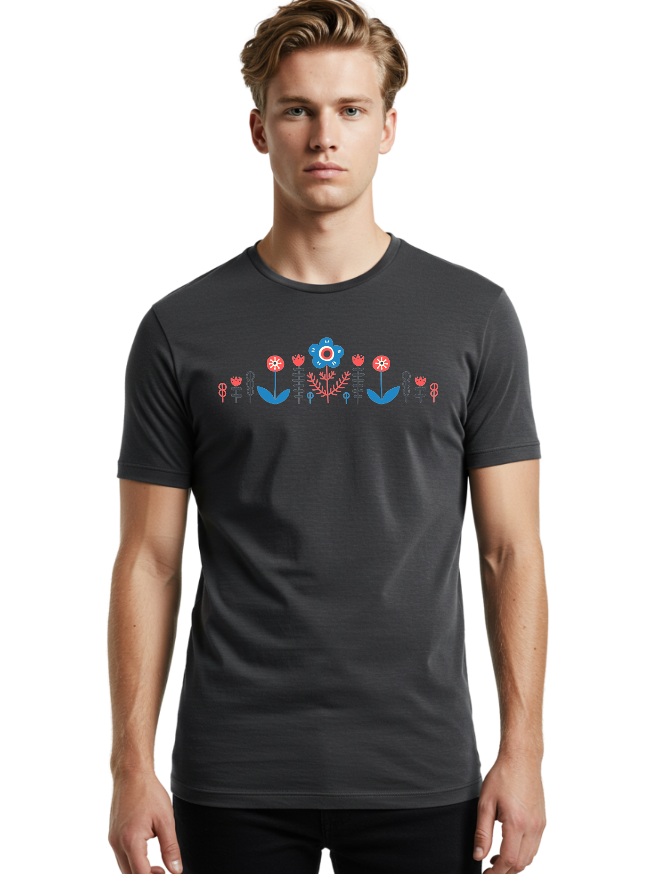 Floral-Pattern-17 Men'S Graphic Tee, 100% Cotton, Comfortable Casual Summer Wear, Machine Washable, Colorful Floral Design, Stylized Flowers, Blue And Red Blooms, Abstract Foliage, Vibrant Floral Arrangement, Folk Art Inspiration, Aab710