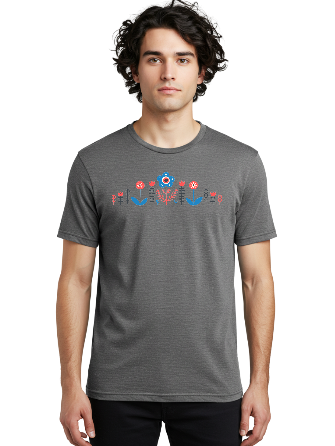 Floral-Pattern-17 Men'S Graphic Tee, 100% Cotton, Comfortable Casual Summer Wear, Machine Washable, Colorful Floral Design, Stylized Flowers, Blue And Red Blooms, Abstract Foliage, Vibrant Floral Arrangement, Folk Art Inspiration, Aab710