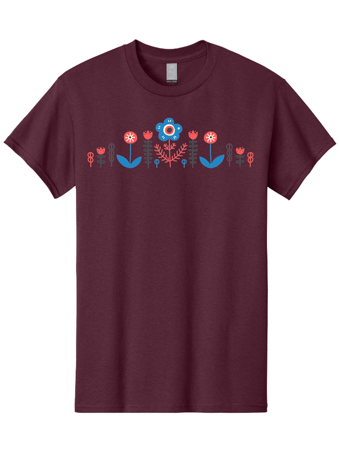 Floral-Pattern-17 Men'S Graphic Tee, 100% Cotton, Comfortable Casual Summer Wear, Machine Washable, Colorful Floral Design, Stylized Flowers, Blue And Red Blooms, Abstract Foliage, Vibrant Floral Arrangement, Folk Art Inspiration, Aab710