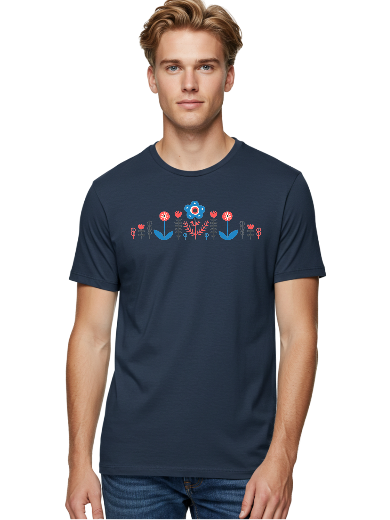 Floral-Pattern-17 Men'S Graphic Tee, 100% Cotton, Comfortable Casual Summer Wear, Machine Washable, Colorful Floral Design, Stylized Flowers, Blue And Red Blooms, Abstract Foliage, Vibrant Floral Arrangement, Folk Art Inspiration, Aab710