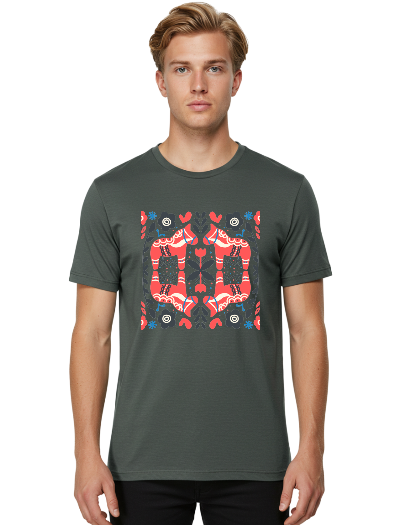 Floral-Pattern-2 Men'S Graphic Tee, 100% Cotton, Comfortable Casual Summer Wear, Machine Washable, Floral Designs, Geometric Shapes, Abstract Art, Black Flowers, Red And White Accents, Blue Details, Decorative Pattern, Symmetrical Design, Aab712