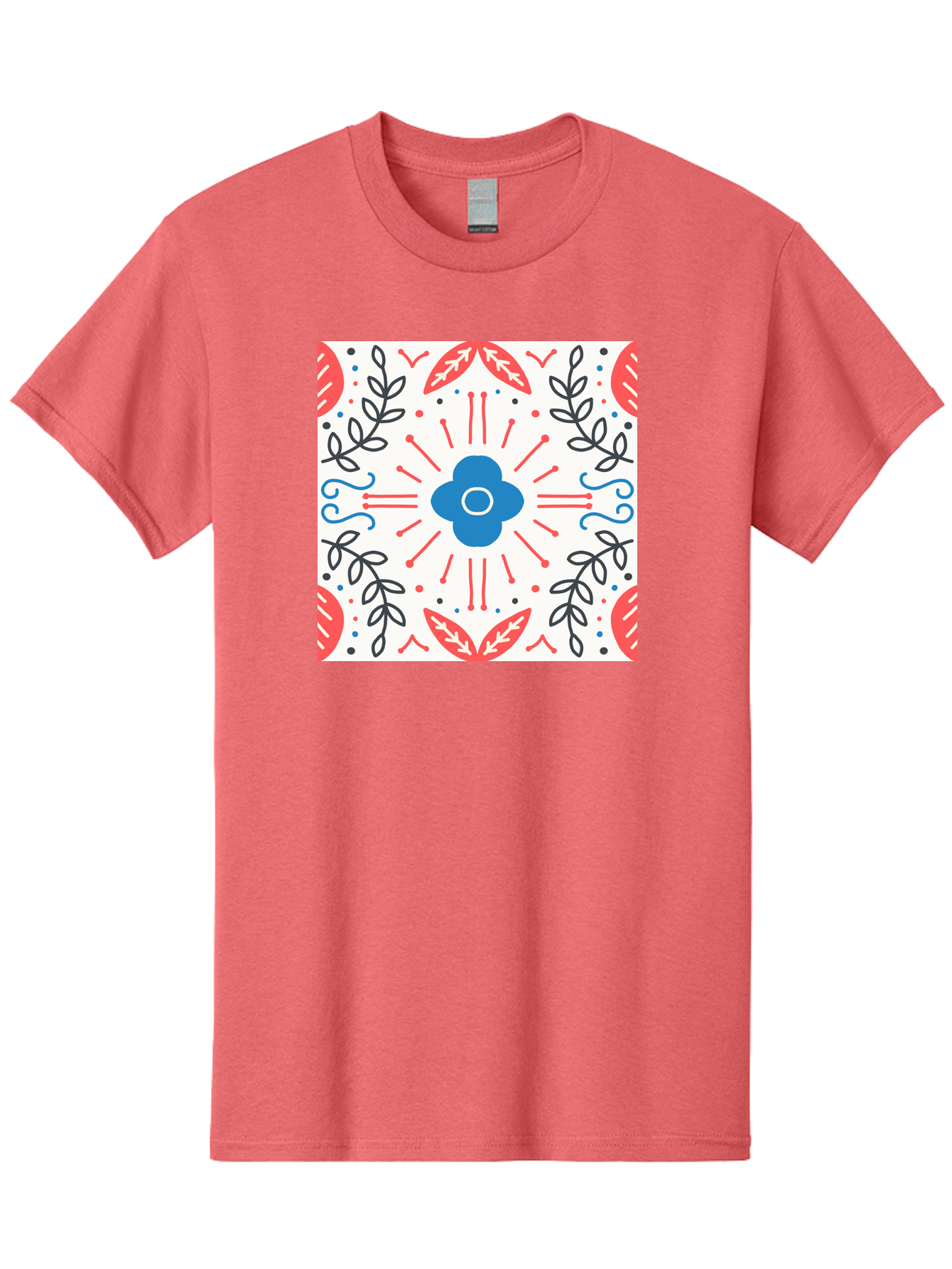 Floral-Pattern-3 Men'S Graphic Tee, 100% Cotton, Comfortable Casual Summer Wear, Machine Washable, Floral Design, Blue Flower, Red And Black Leaves, Abstract Pattern, Symmetrical Composition, Vintage Style, Decorative Elements, Aab713