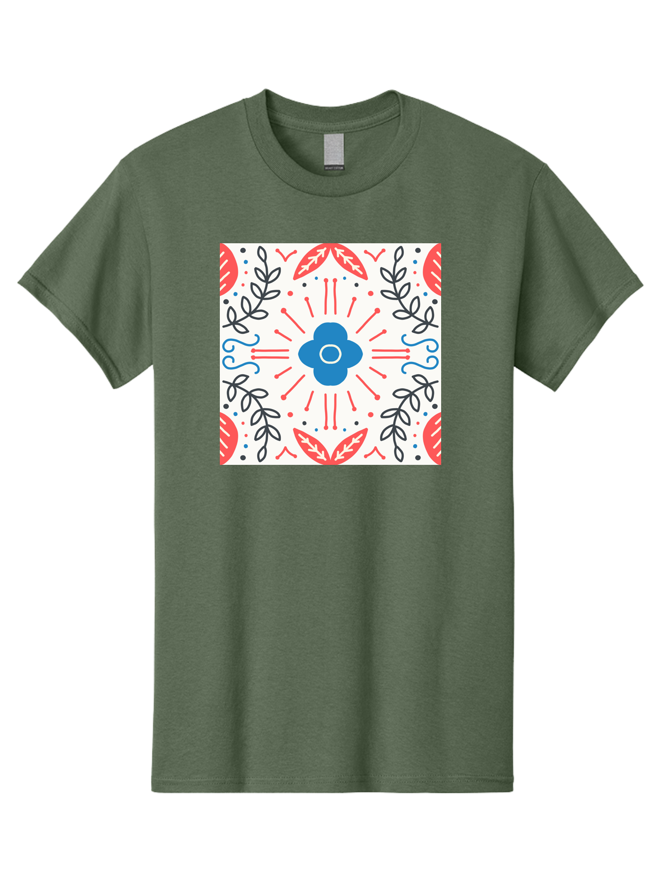 Floral-Pattern-3 Men'S Graphic Tee, 100% Cotton, Comfortable Casual Summer Wear, Machine Washable, Floral Design, Blue Flower, Red And Black Leaves, Abstract Pattern, Symmetrical Composition, Vintage Style, Decorative Elements, Aab713