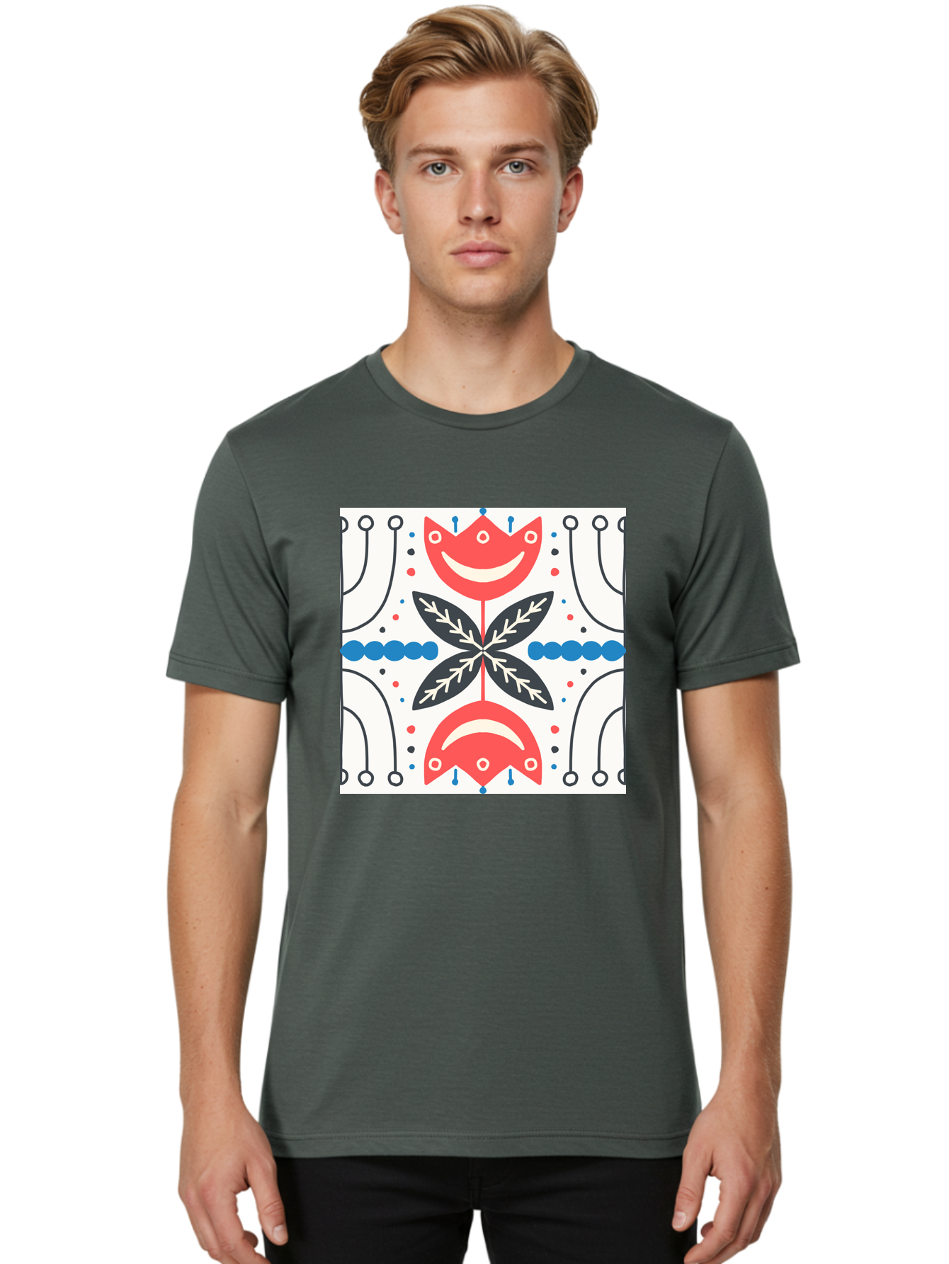 Floral-Pattern-4 Men'S Graphic Tee, 100% Cotton, Comfortable Casual Summer Wear, Machine Washable, Abstract Floral Design, Symmetrical Pattern, Red And Black Petals, White Accents, Blue Dots, Minimalist Style, Modern Graphic, Aab714