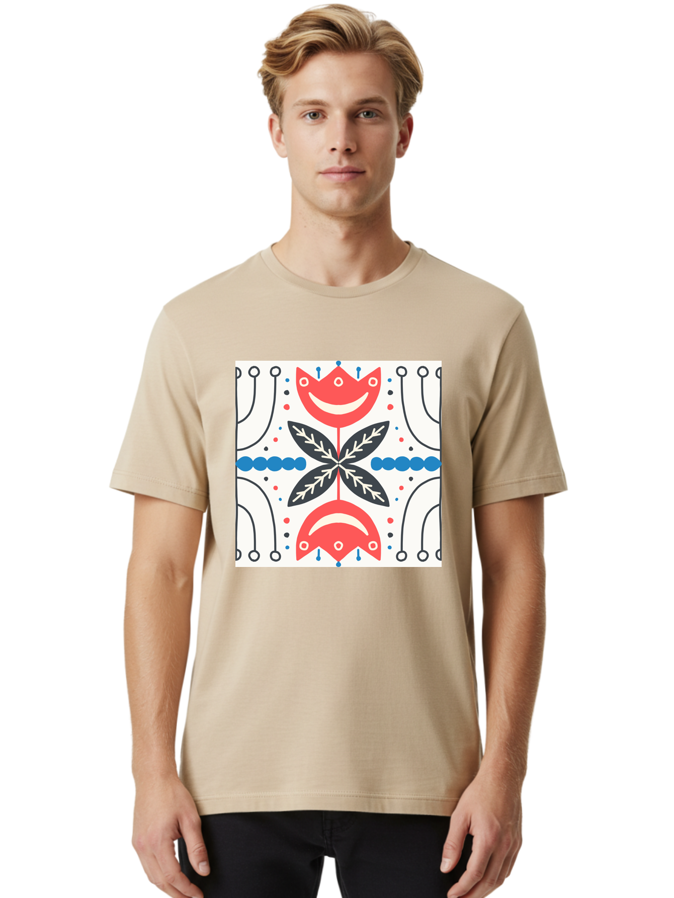 Floral-Pattern-4 Men'S Graphic Tee, 100% Cotton, Comfortable Casual Summer Wear, Machine Washable, Abstract Floral Design, Symmetrical Pattern, Red And Black Petals, White Accents, Blue Dots, Minimalist Style, Modern Graphic, Aab714