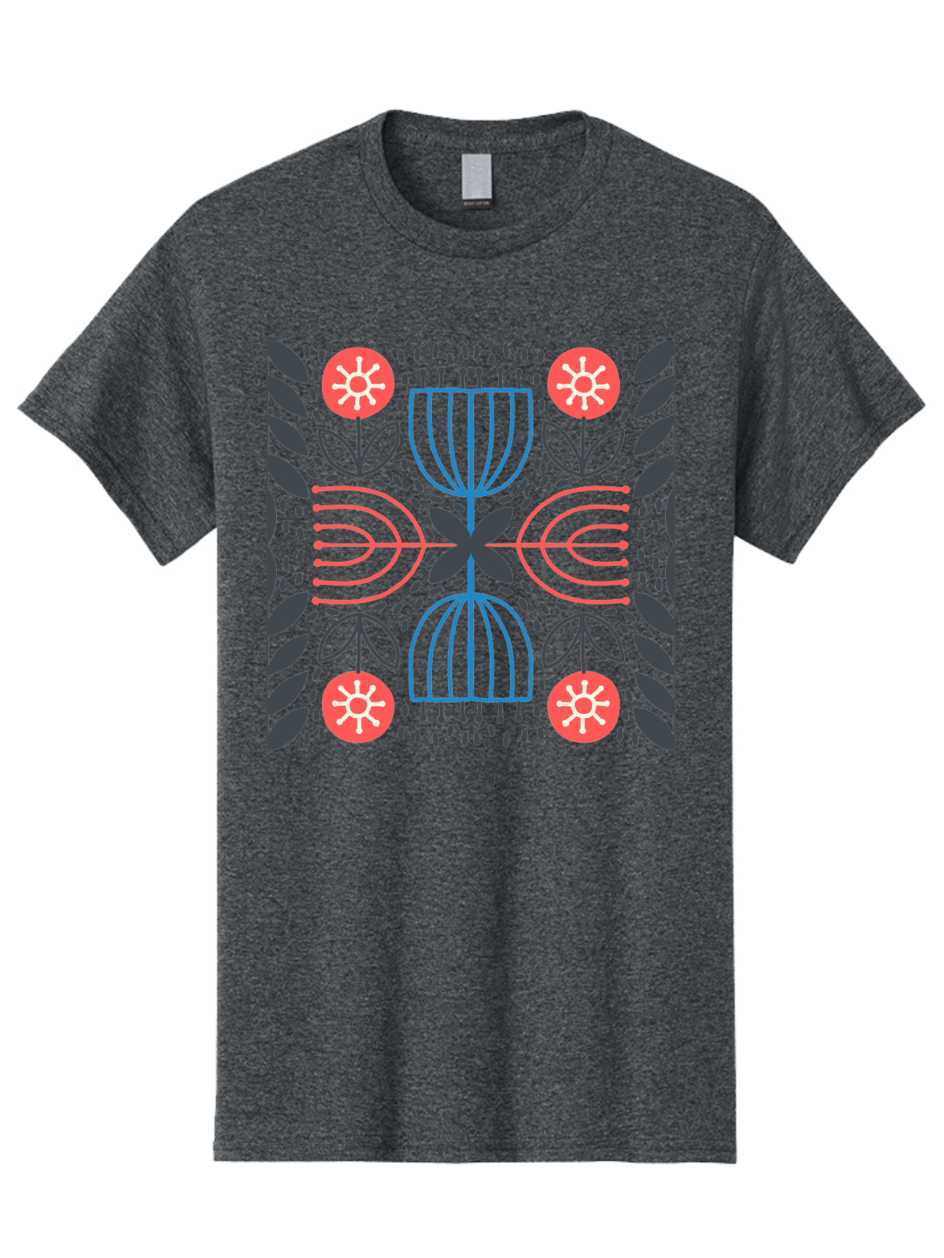 Floral-Pattern-5 Men'S Graphic Tee, 100% Cotton, Comfortable Casual Summer Wear, Machine Washable, Abstract Floral Pattern, Symmetrical Design, Red Flowers, White Centers, Blue And Pink Lines, Black Leaves, Geometric Shapes, Modern Art, Aab715