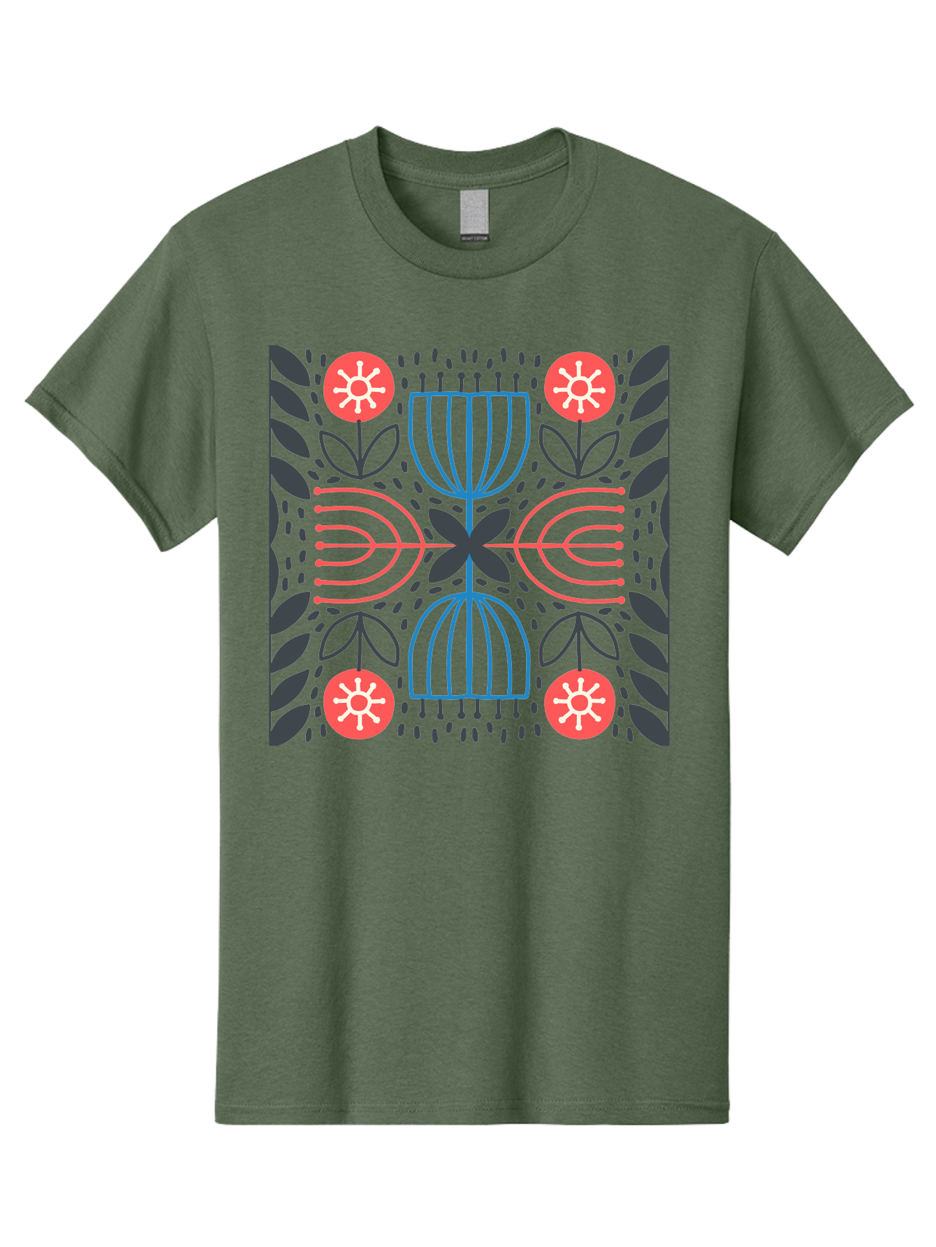 Floral-Pattern-5 Men'S Graphic Tee, 100% Cotton, Comfortable Casual Summer Wear, Machine Washable, Abstract Floral Pattern, Symmetrical Design, Red Flowers, White Centers, Blue And Pink Lines, Black Leaves, Geometric Shapes, Modern Art, Aab715