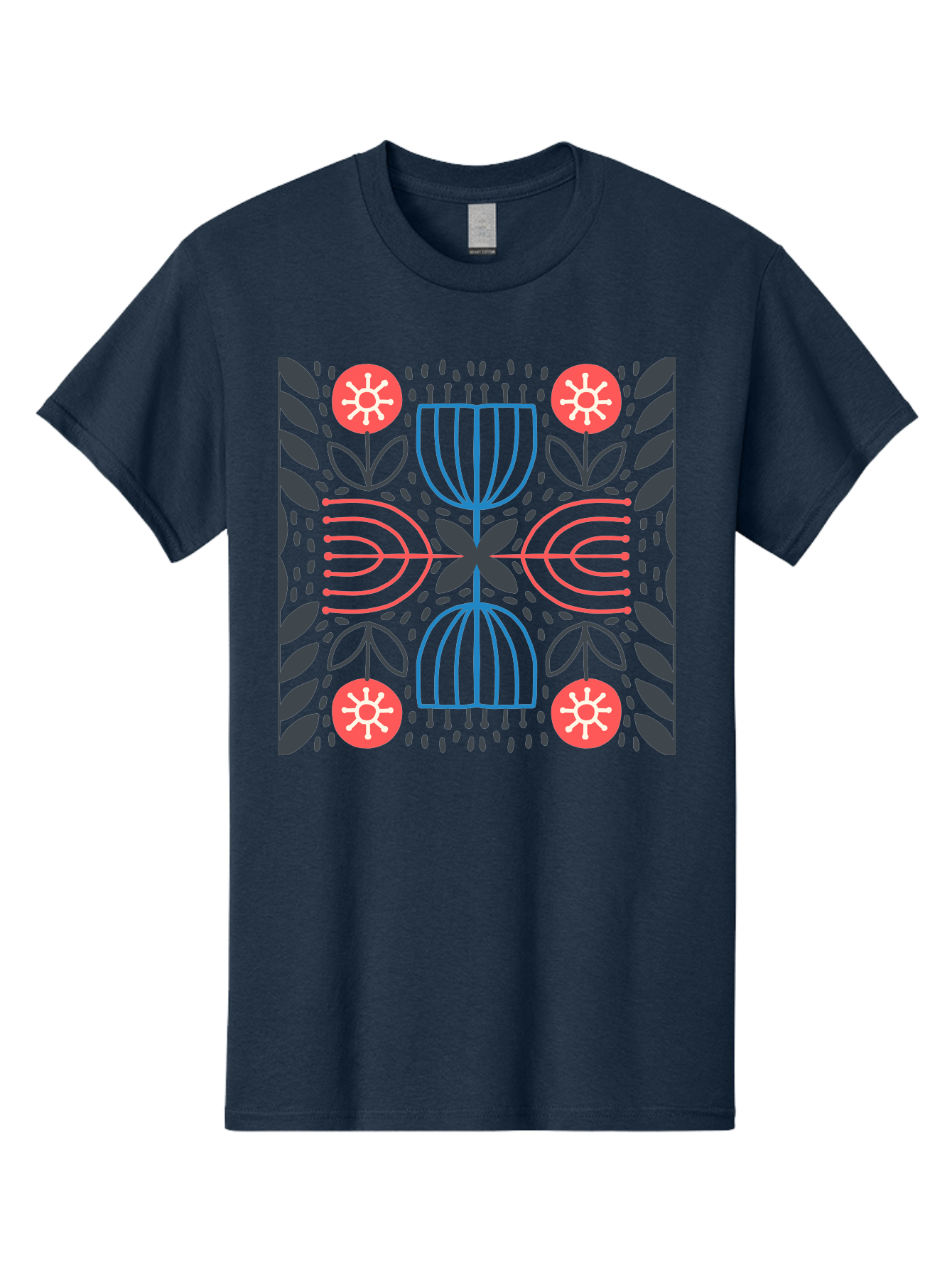 Floral-Pattern-5 Men'S Graphic Tee, 100% Cotton, Comfortable Casual Summer Wear, Machine Washable, Abstract Floral Pattern, Symmetrical Design, Red Flowers, White Centers, Blue And Pink Lines, Black Leaves, Geometric Shapes, Modern Art, Aab715