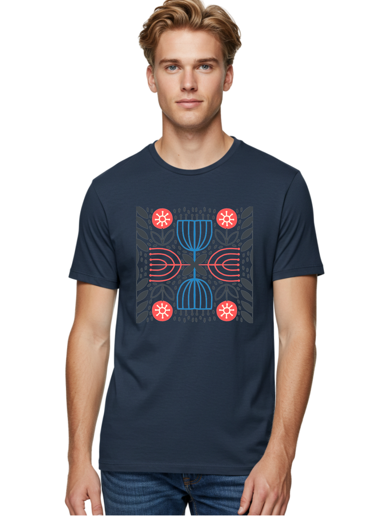 Floral-Pattern-5 Men'S Graphic Tee, 100% Cotton, Comfortable Casual Summer Wear, Machine Washable, Abstract Floral Pattern, Symmetrical Design, Red Flowers, White Centers, Blue And Pink Lines, Black Leaves, Geometric Shapes, Modern Art, Aab715