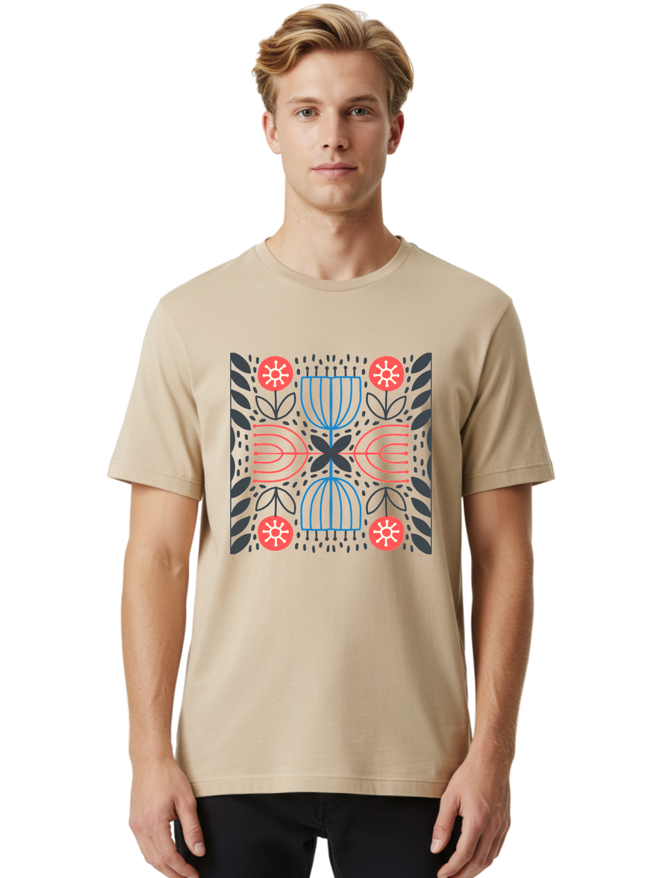 Floral-Pattern-5 Men'S Graphic Tee, 100% Cotton, Comfortable Casual Summer Wear, Machine Washable, Abstract Floral Pattern, Symmetrical Design, Red Flowers, White Centers, Blue And Pink Lines, Black Leaves, Geometric Shapes, Modern Art, Aab715