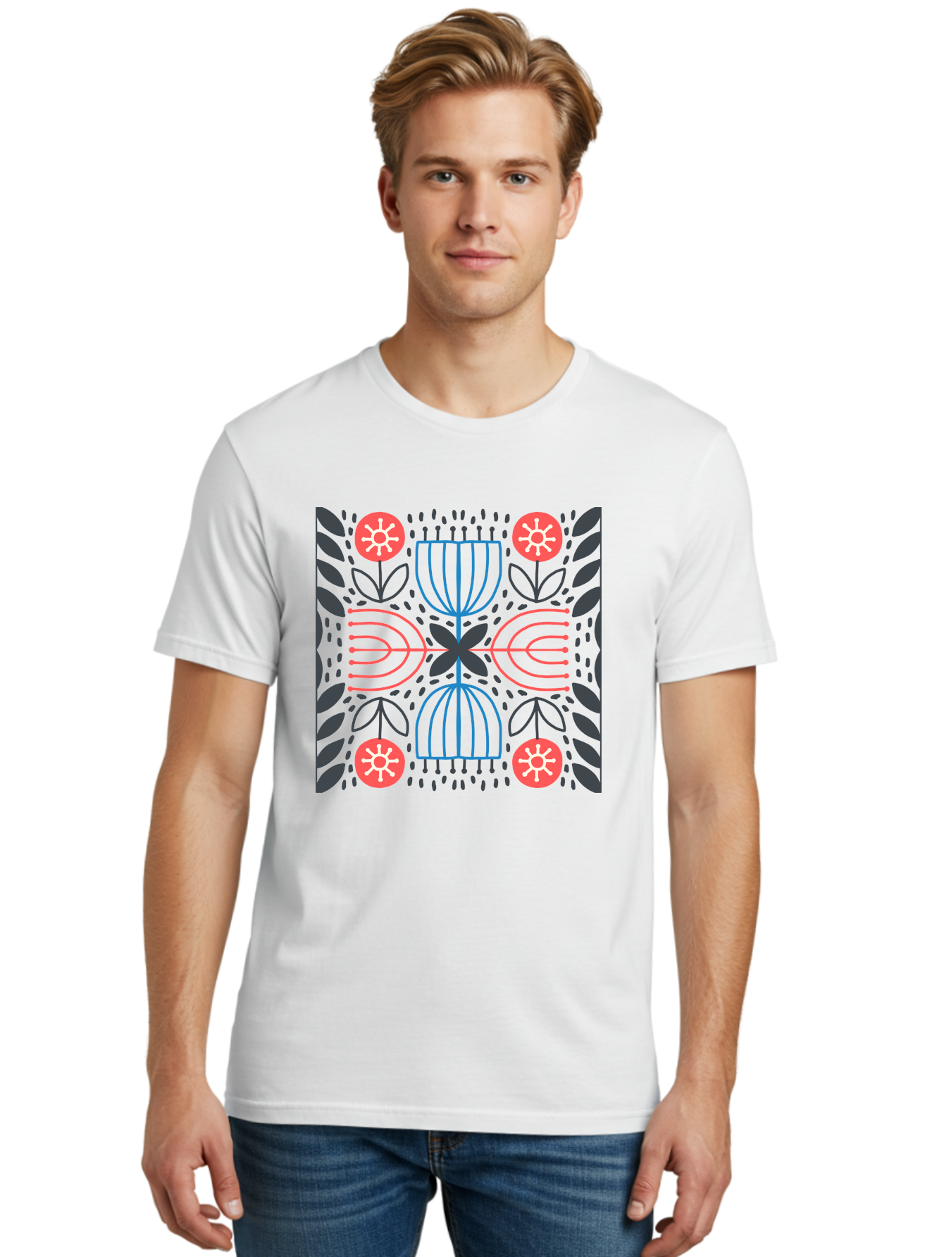 Floral-Pattern-5 Men'S Graphic Tee, 100% Cotton, Comfortable Casual Summer Wear, Machine Washable, Abstract Floral Pattern, Symmetrical Design, Red Flowers, White Centers, Blue And Pink Lines, Black Leaves, Geometric Shapes, Modern Art, Aab715