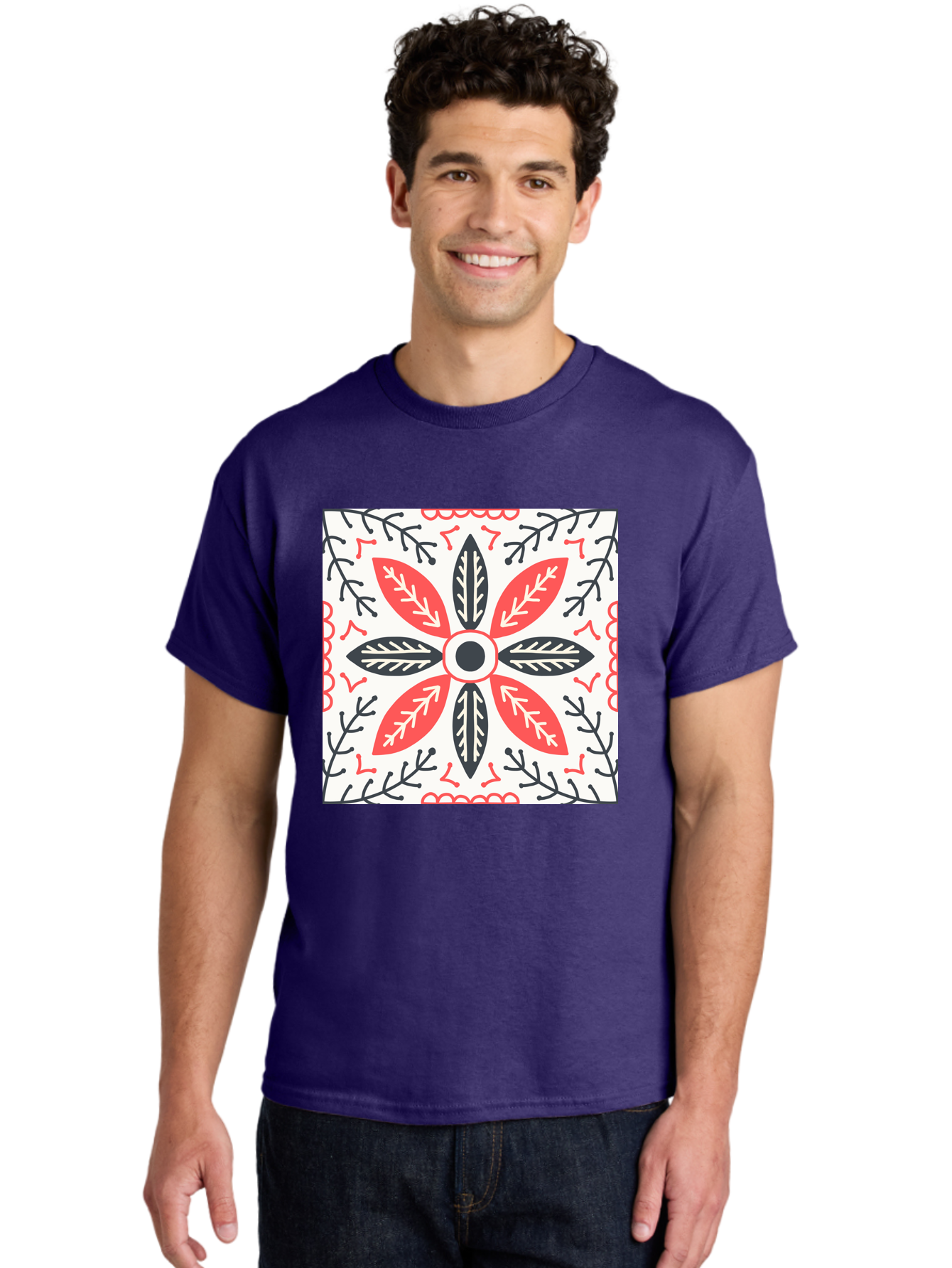 Floral-Pattern-6 Men'S Graphic Tee, 100% Cotton, Comfortable Casual Summer Wear, Machine Washable, Symmetrical Floral Design, Folk Art, Traditional Patterns, Red And Black Hues, Intricate Details, Decorative Elements, Ornate Style, Aab716