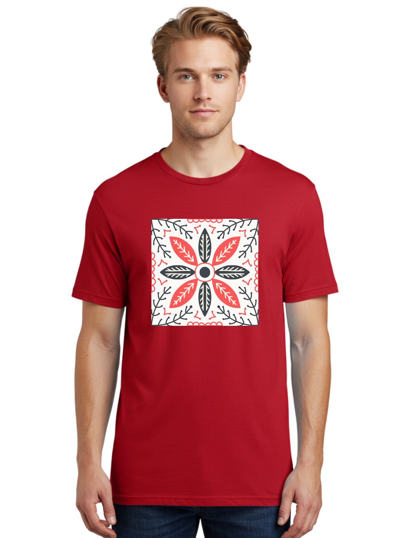 Floral-Pattern-6 Men'S Graphic Tee, 100% Cotton, Comfortable Casual Summer Wear, Machine Washable, Symmetrical Floral Design, Folk Art, Traditional Patterns, Red And Black Hues, Intricate Details, Decorative Elements, Ornate Style, Aab716