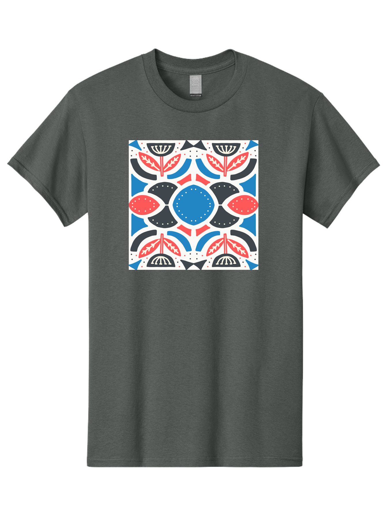 Floral-Pattern-7 Men'S Graphic Tee, 100% Cotton, Comfortable Casual Summer Wear, Machine Washable, Floral Pattern, Abstract Flowers, Geometric Shapes, Blue And Red Hues, White Background, Decorative Design, Symmetrical Composition, Aab717