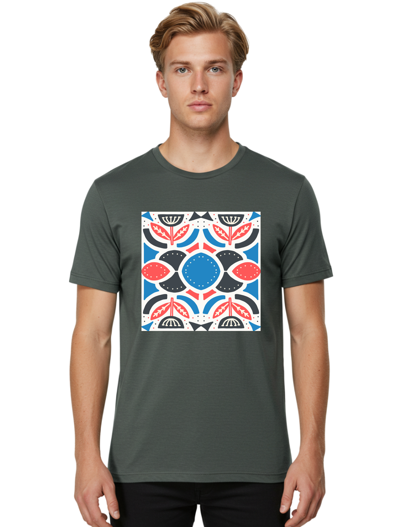 Floral-Pattern-7 Men'S Graphic Tee, 100% Cotton, Comfortable Casual Summer Wear, Machine Washable, Floral Pattern, Abstract Flowers, Geometric Shapes, Blue And Red Hues, White Background, Decorative Design, Symmetrical Composition, Aab717