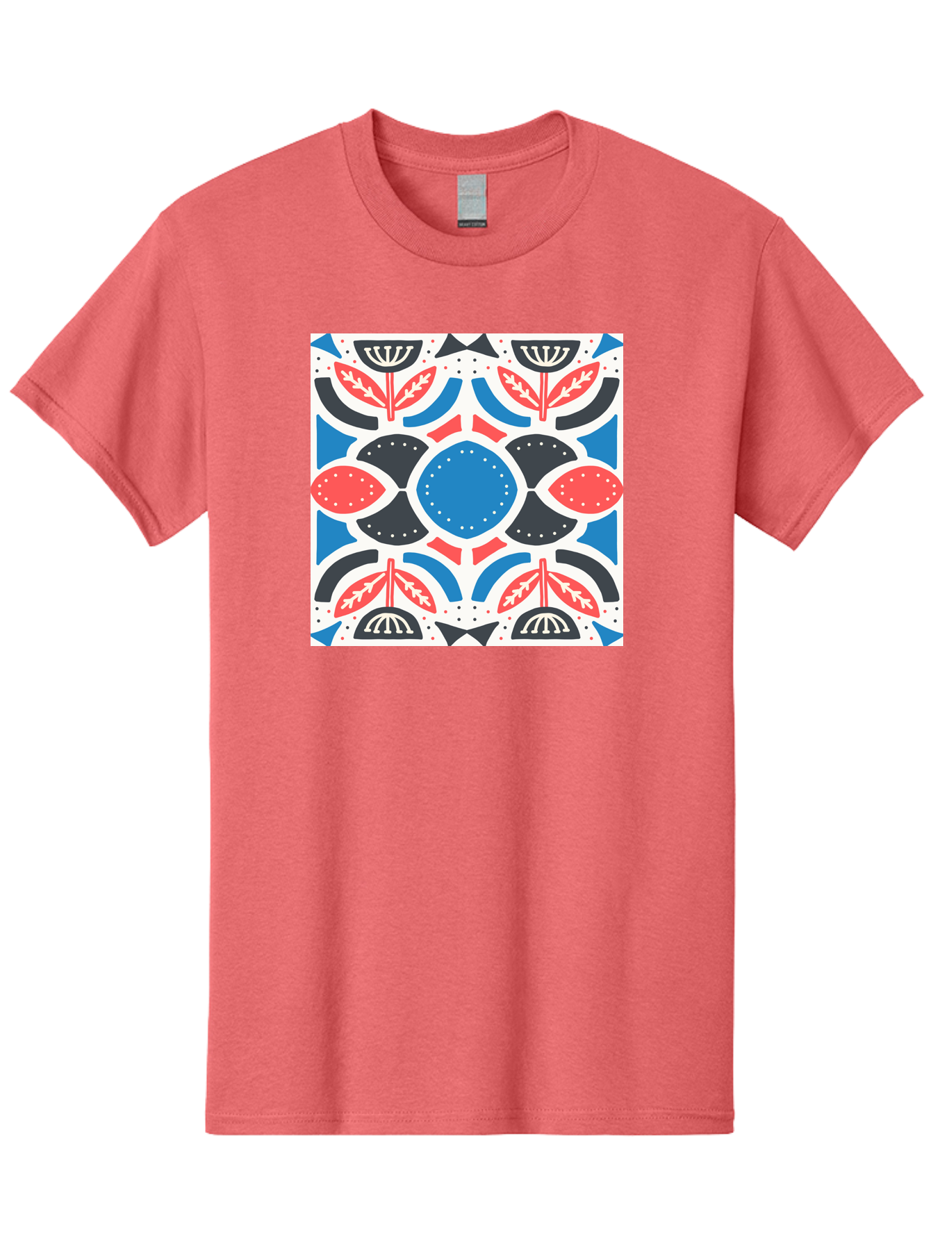 Floral-Pattern-7 Men'S Graphic Tee, 100% Cotton, Comfortable Casual Summer Wear, Machine Washable, Floral Pattern, Abstract Flowers, Geometric Shapes, Blue And Red Hues, White Background, Decorative Design, Symmetrical Composition, Aab717