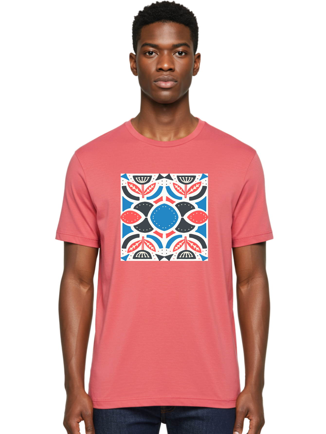 Floral-Pattern-7 Men'S Graphic Tee, 100% Cotton, Comfortable Casual Summer Wear, Machine Washable, Floral Pattern, Abstract Flowers, Geometric Shapes, Blue And Red Hues, White Background, Decorative Design, Symmetrical Composition, Aab717